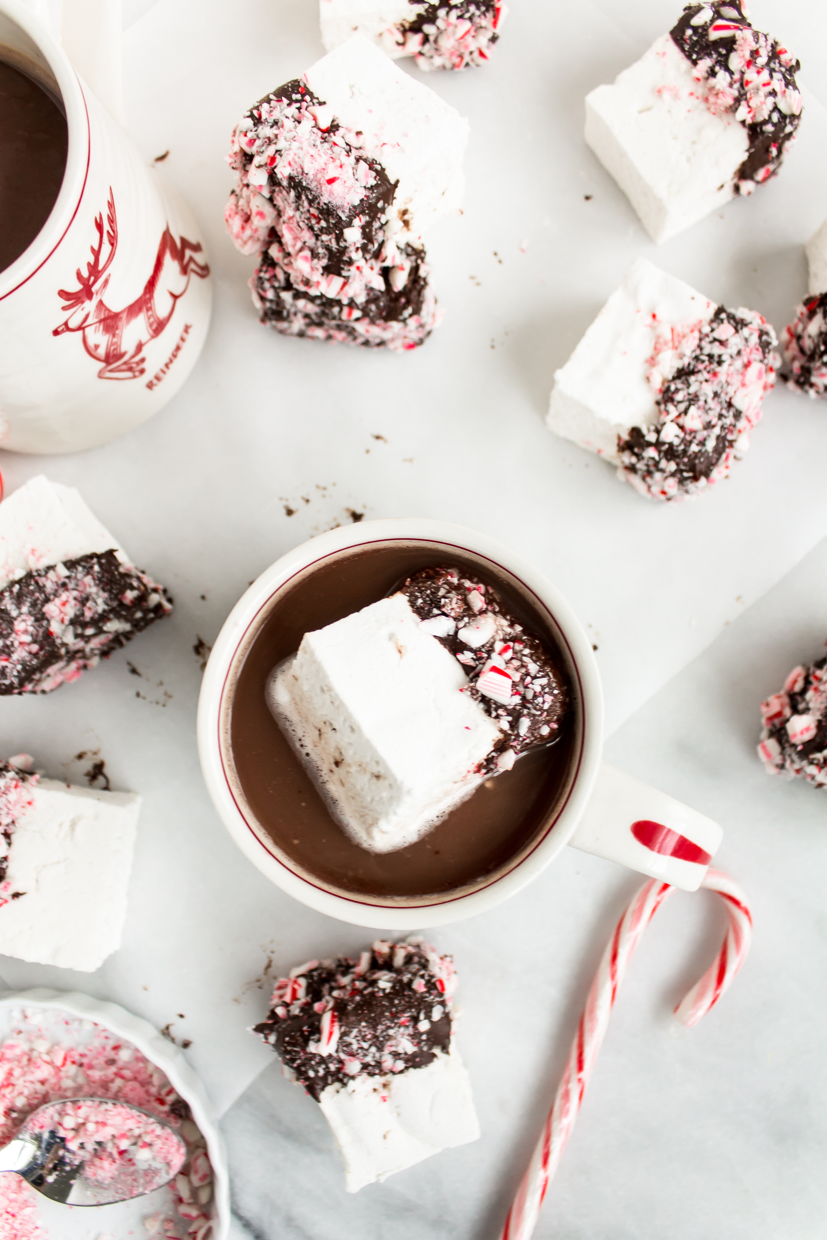 There's nothing like homemade marshmallows. Dipping those fluffy marshmallows in chocolate and crushed peppermint for the holidays is just the icing on the cake ... errr, marshmallow. Click through for the recipe. | glitterinc.com | @glitterinc - Homemade Chocolate Covered Marshmallows with Crushed Peppermint by North Carolina foodie blogger Glitter, Inc.