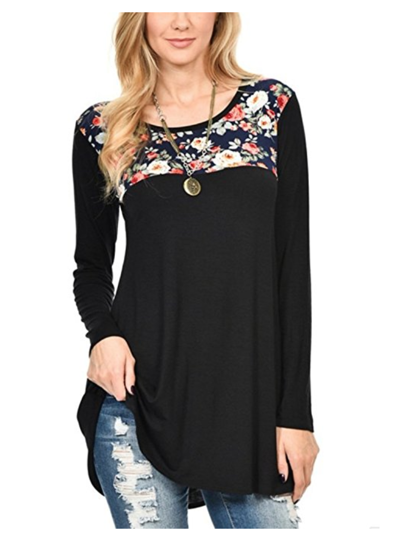 A great tunic is the perfect go-anywhere look, and all of these are under $30 and available on Amazon. Tunics and leggings = Mom Uniform 101. | glitterinc.com | @glitterinc // Floral Print Patchwork Long Sleeve Scoop Neck Swing T Shirt Tunic - 18 Perfect Go-Anywhere Cute Tunics Under $30 on Amazon by popular North Carolina style blogger Glitter, Inc.