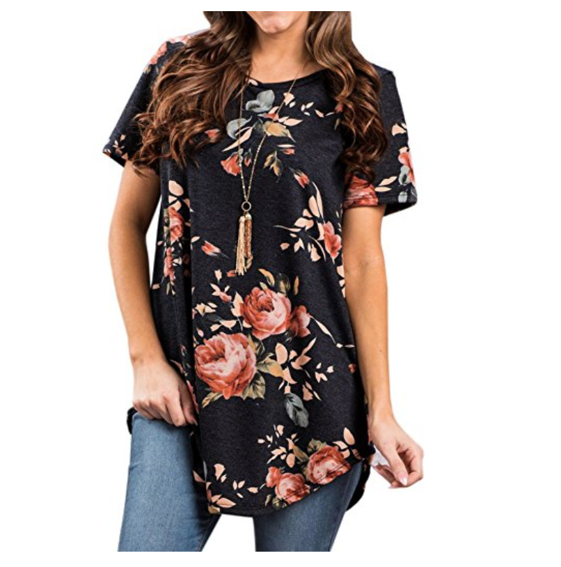 A great tunic is the perfect go-anywhere look, and all of these are under $30 and available on Amazon. Tunics and leggings = Mom Uniform 101. | glitterinc.com | @glitterinc // Round Neck Short Sleeve Floral Print Asymmetric Hem Shirt Top - 18 Perfect Go-Anywhere Cute Tunics Under $30 on Amazon by popular North Carolina style blogger Glitter, Inc.