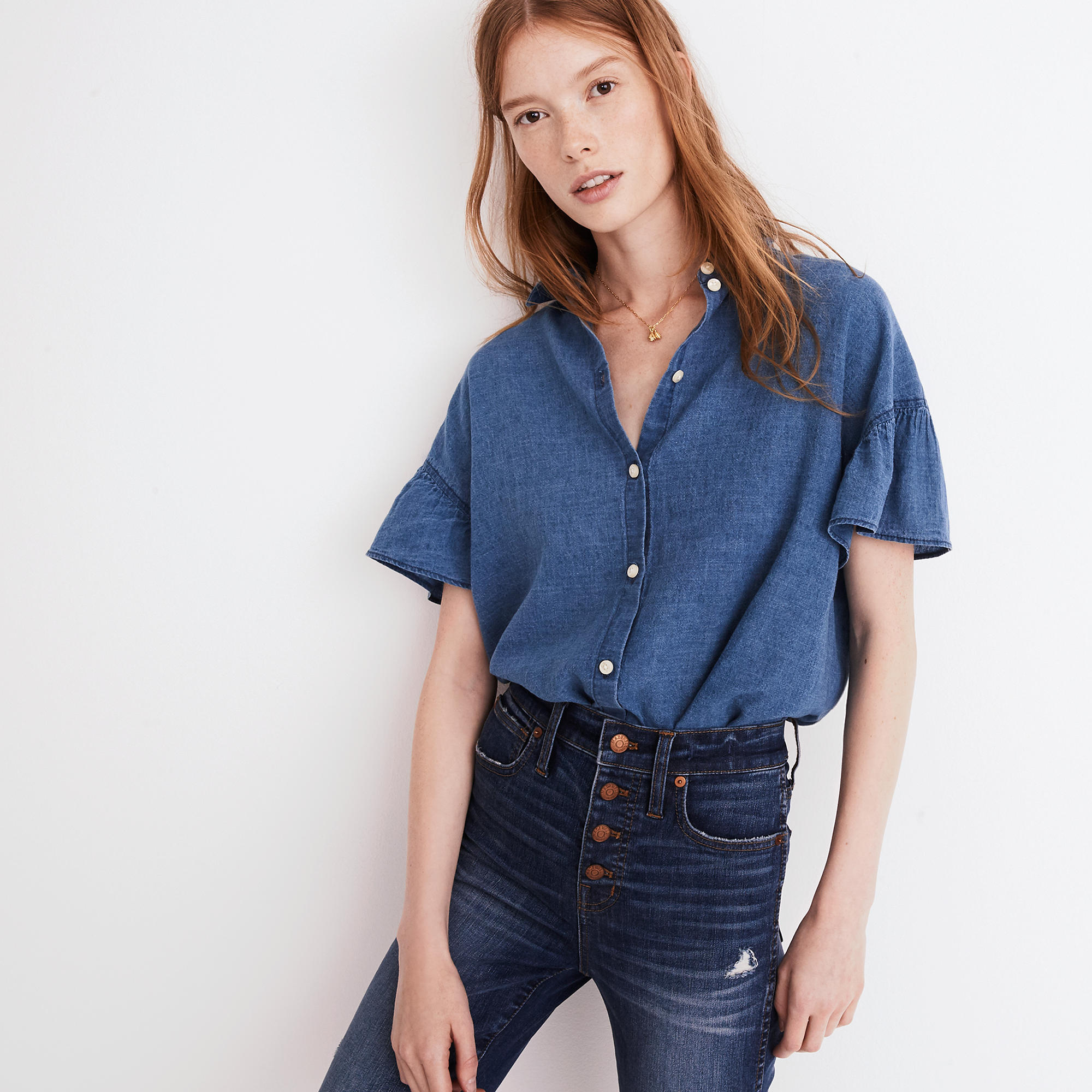 Madewell Central Ruffle-Sleeve Shirt in Indigo - Weekly Finds by popular North Carolina style blogger Glitter, Inc.