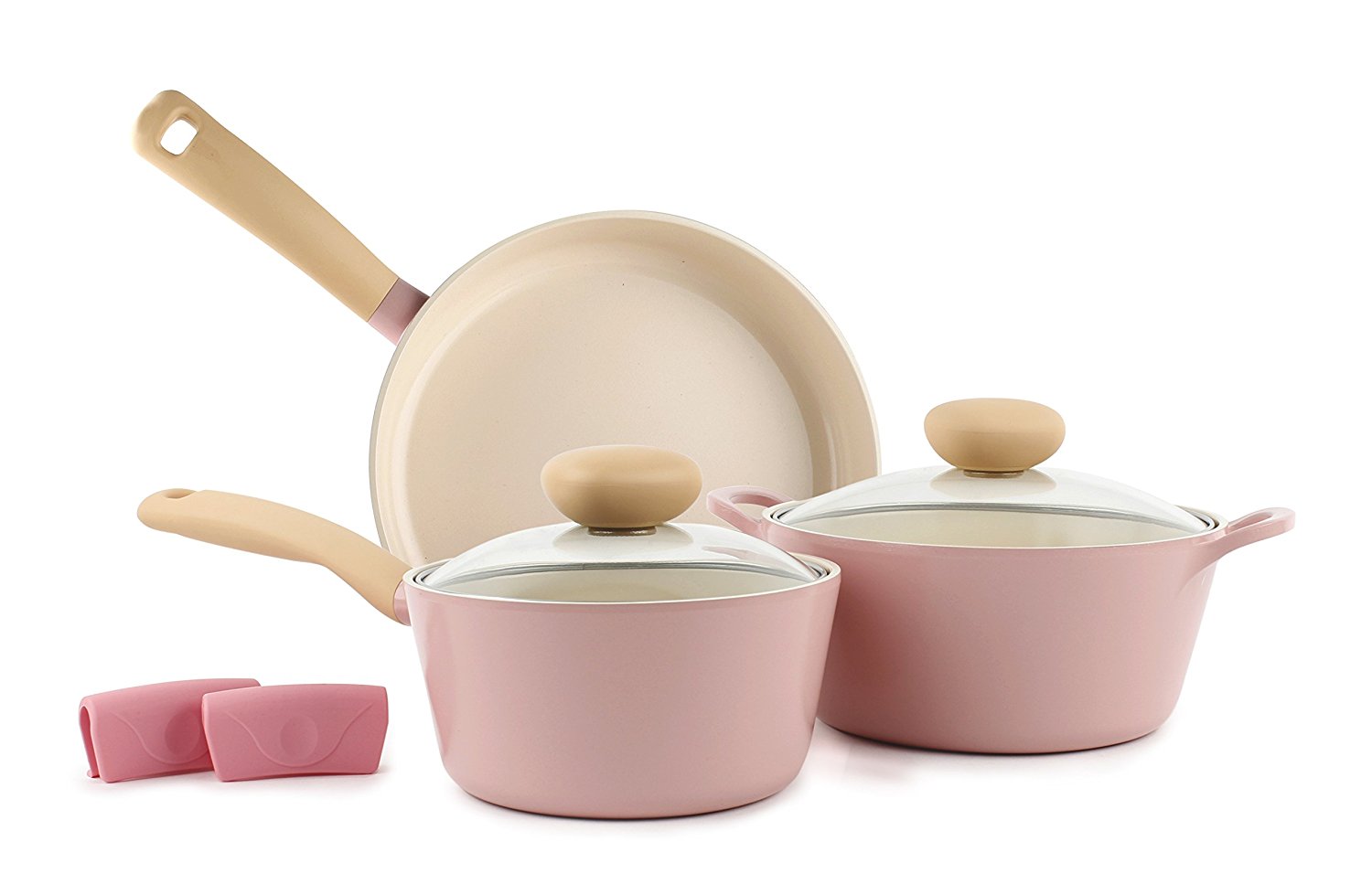 Retro 5-Piece Ceramic Non-Stick Cookware Set, Pink (How cute is this?!)