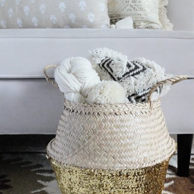 Seagrass Boho Belly Basket Tote Storage with Gold Sequins