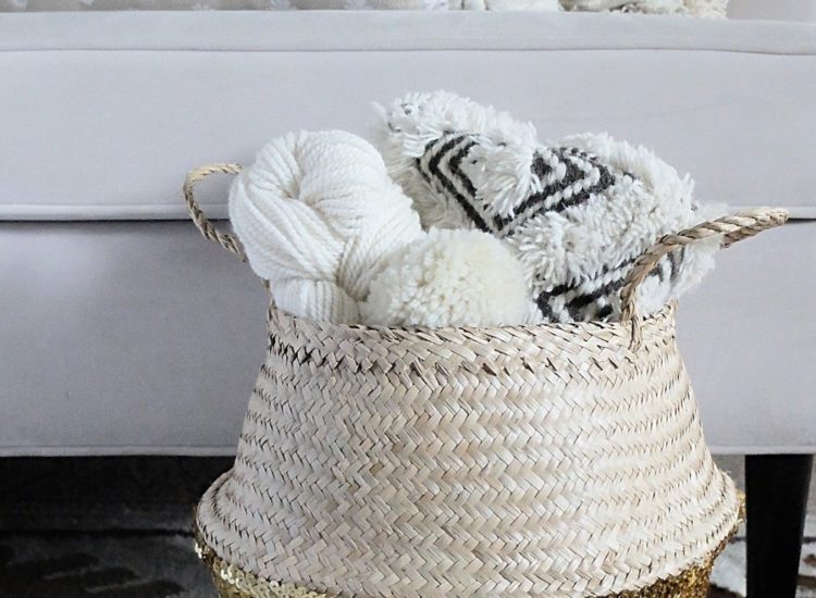 Seagrass Boho Belly Basket Tote Storage with Gold Sequins
