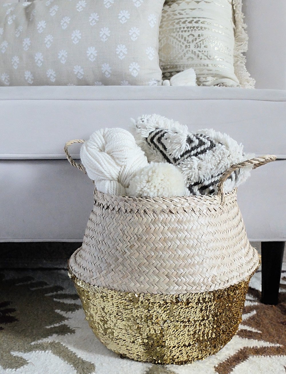 Seagrass Boho Belly Basket Tote Storage with Gold Sequins