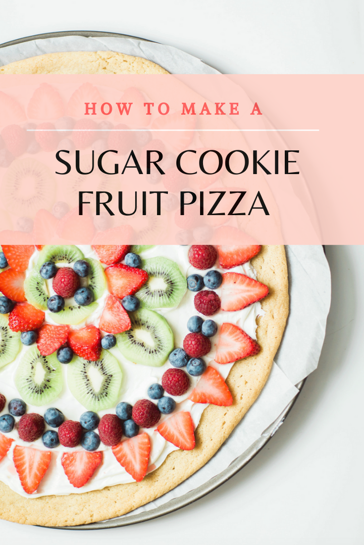 Learn how to make your own amazing cookie fruit pizza! This super simple and surprisingly dairy-free sugar cookie fruit pizza Recipe is not only super yummy, but the end result will seriously impress your party guests. | glitterinc.com | @glitterinc