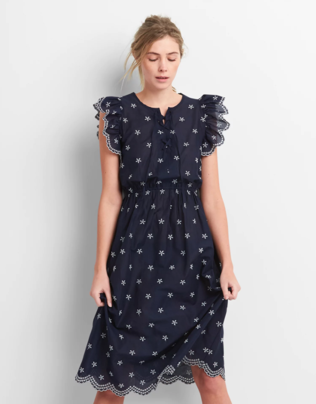 Gap Womens Ruffle Trim Eyelet Midi Dress Dark Night