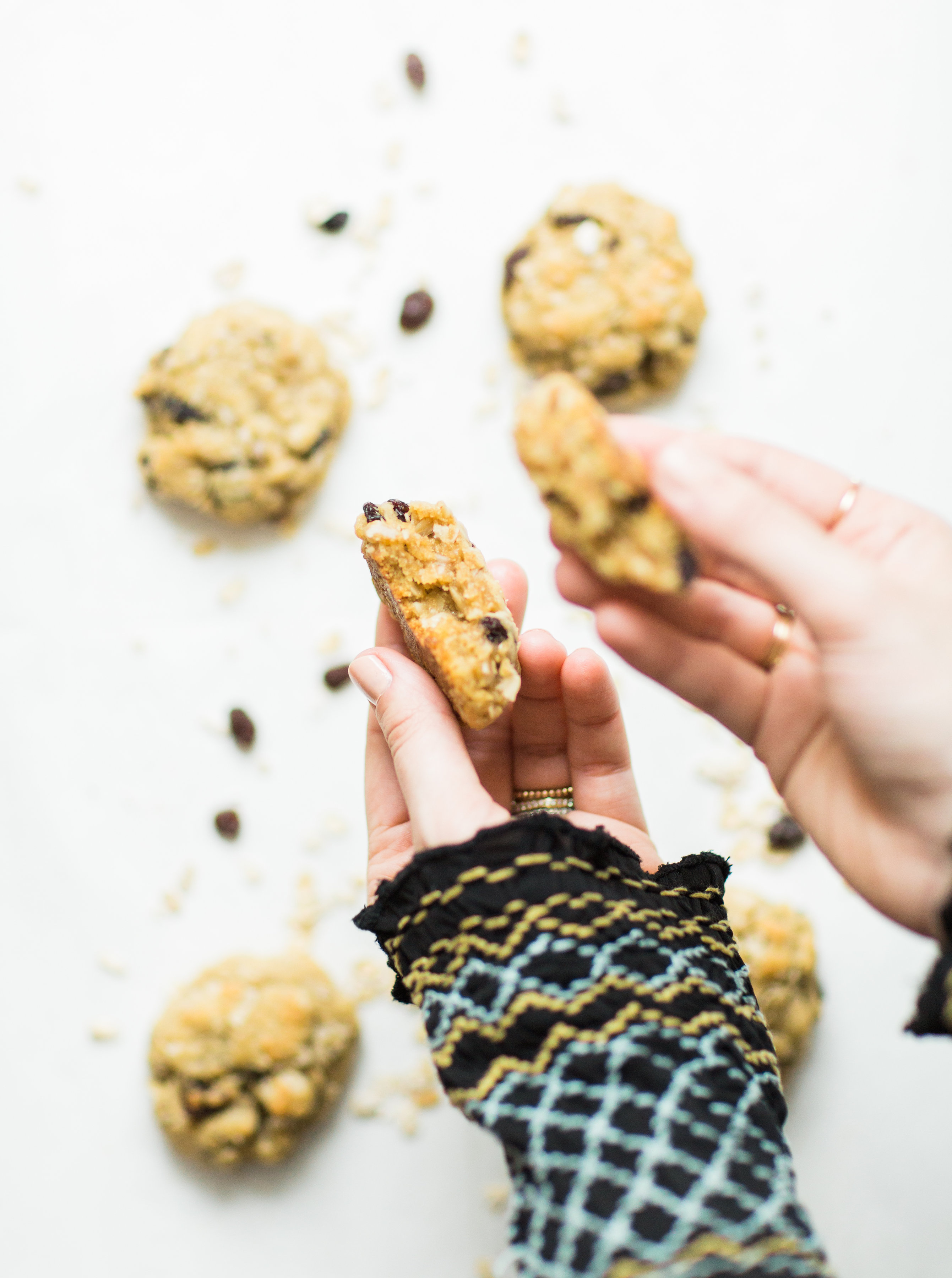 I've found the perfect oatmeal cookies for our family. Crispy on the outside and super soft on the inside, they taste just slightly under-baked; and, bonus - they're dairy-free and can be made gluten-free.Click through for the recipe. | glitterinc.com | @glitterinc - Favorite Oatmeal Raisin Cookies Recipe by popular North Carolina foodie blogger Glitter, Inc.