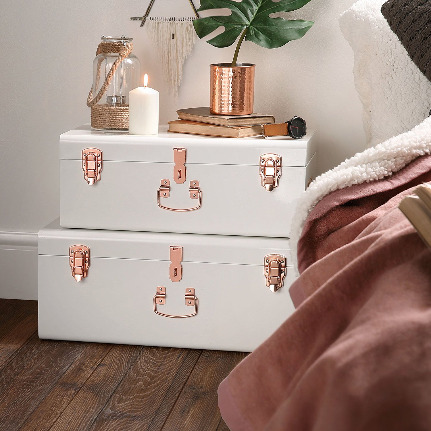 Cream Vintage Style Steel Metal Storage Trunk Set with Rose Gold Handles - Weekly Finds featured by North Carolina style blogger, Glitter, Inc.