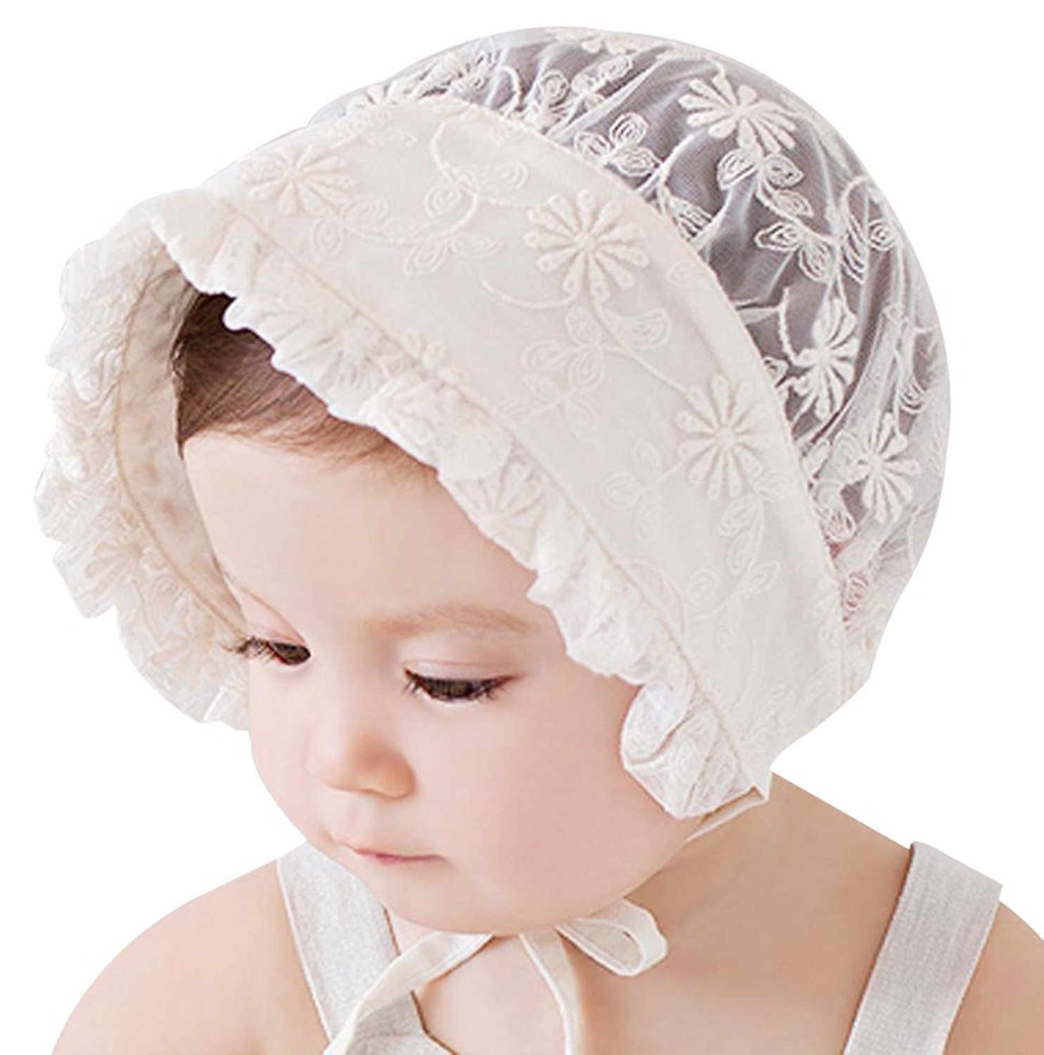 Baby Girl Bonnet Eyelet Lace Breathable Cotton Adjustable Sun Hat