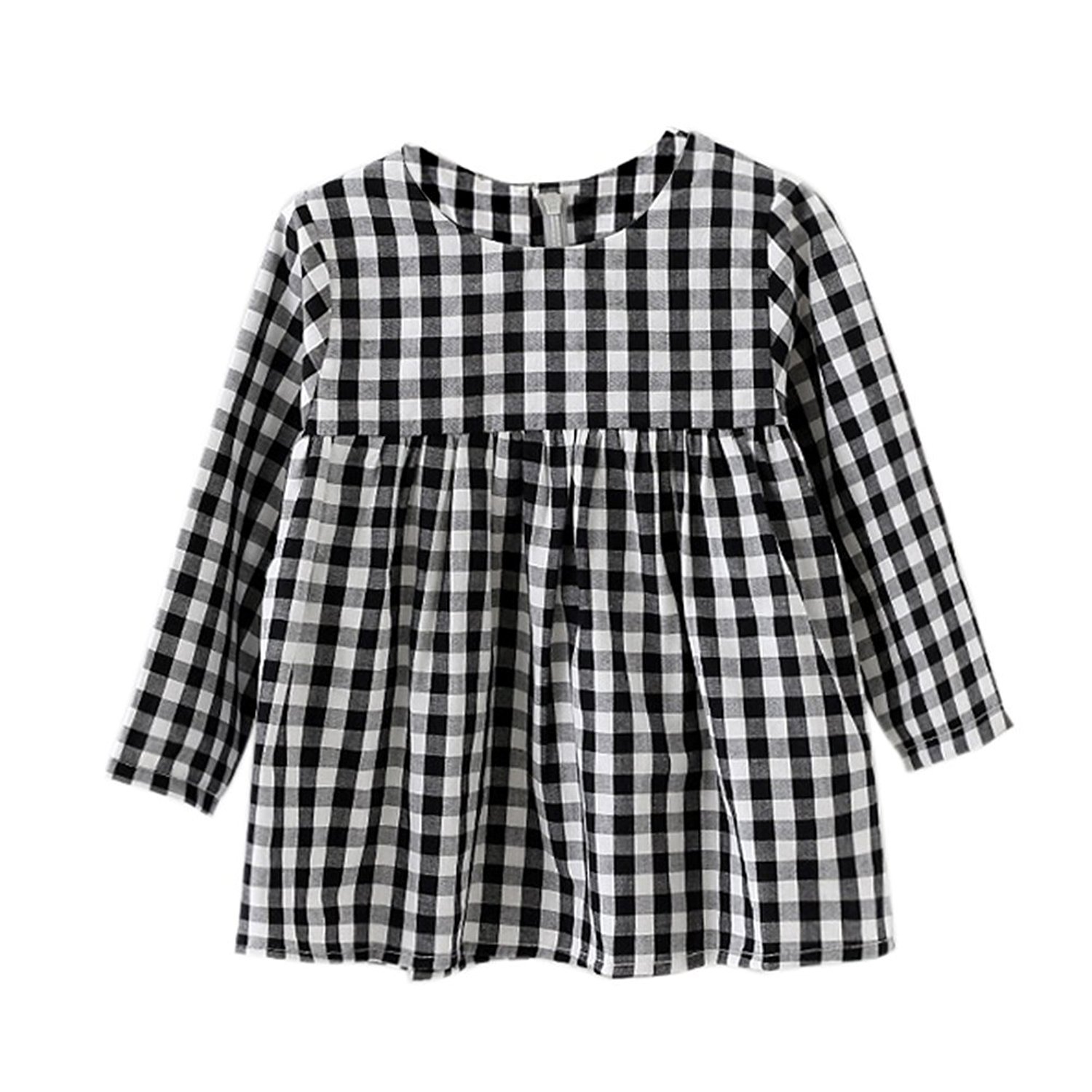 Little Kids and Baby Girls Long Sleeve Dress in White and Black Plaid