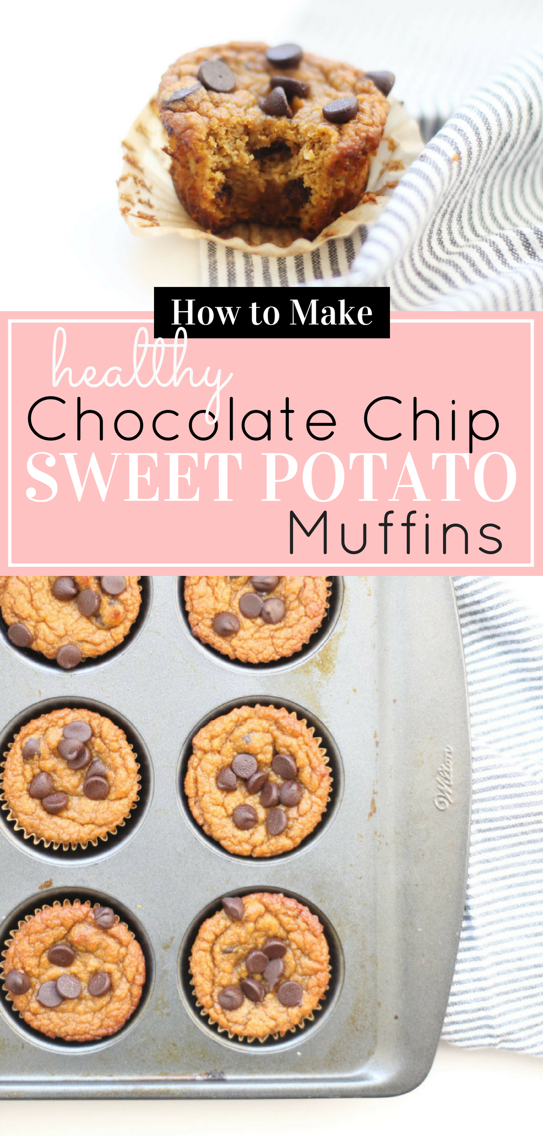 We've created the perfect healthy muffin! Fluffy roasted sweet potato muffins made with almond flour (i.e., gluten-free), greek yogurt (or coconut yogurt to keep it dairy-free!), plus a handful of chocolate chips; you'll be amazed at what a healthy vegan and paleo on-the-go breakfast or snack can taste like. Click through for the recipe. | glitterinc.com | @glitterinc #muffins #healthybreakfast #healthymuffins