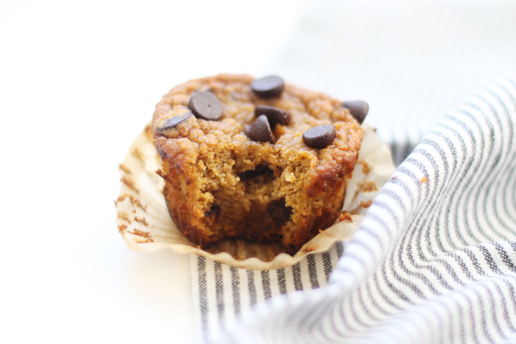 We've created the perfect healthy muffin! Fluffy roasted sweet potato muffins made with almond flour (i.e., gluten-free), greek yogurt (or coconut yogurt to keep it dairy-free!), plus a handful of chocolate chips; you'll be amazed at what a healthy vegan and paleo on-the-go breakfast or snack can taste like. Click through for the recipe. | glitterinc.com | @glitterinc #muffins #healthybreakfast #healthymuffins