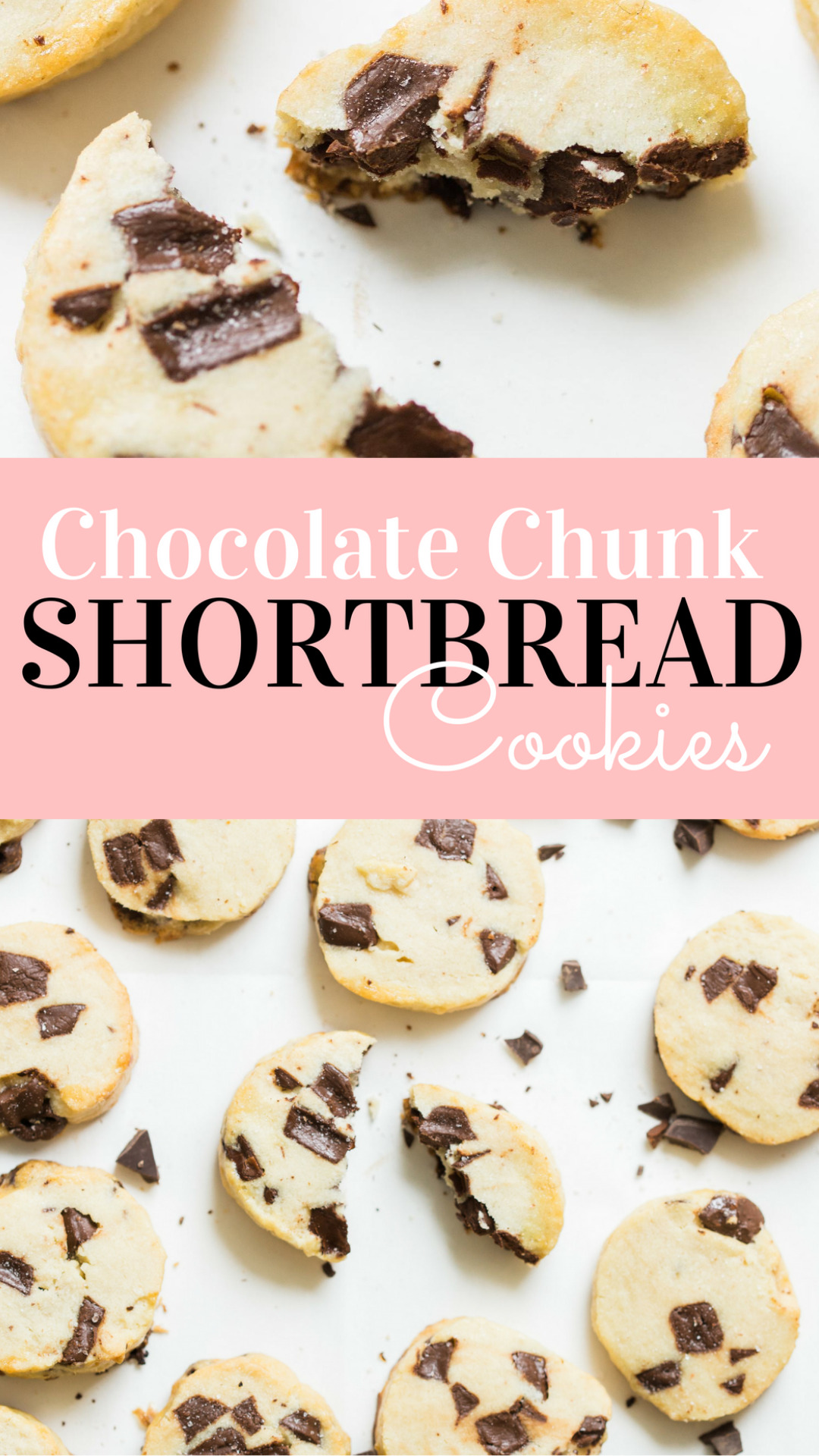 Looking for a crazy amazing cookie recipe? You HAVE to make the INCREDIBLE salted butter chocolate chunk shortbread cookies! Thick, chewy, buttery, decadent; a total crowd-pleaser. These are the upgrade to classic chocolate chip cookies you never knew you needed. | glitterinc.com | @glitterinc