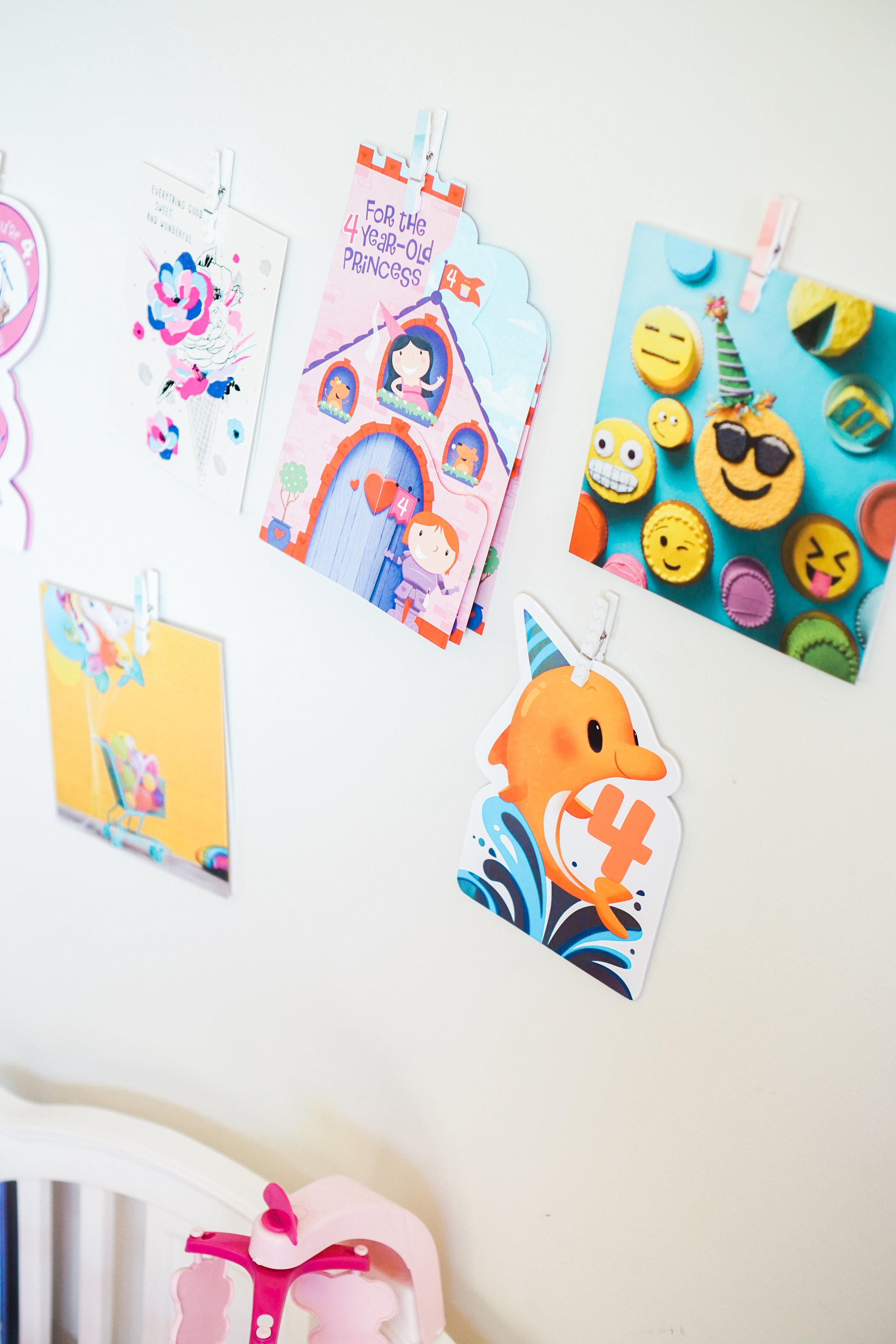 Celebrate your little ones' birthdays in memorable ways with this adorable birthday tradition: a sweet way to display cards in your kids' playspace. #birthday #greetingcards #playspace Click through for the details. | glitterinc.com | @glitterinc