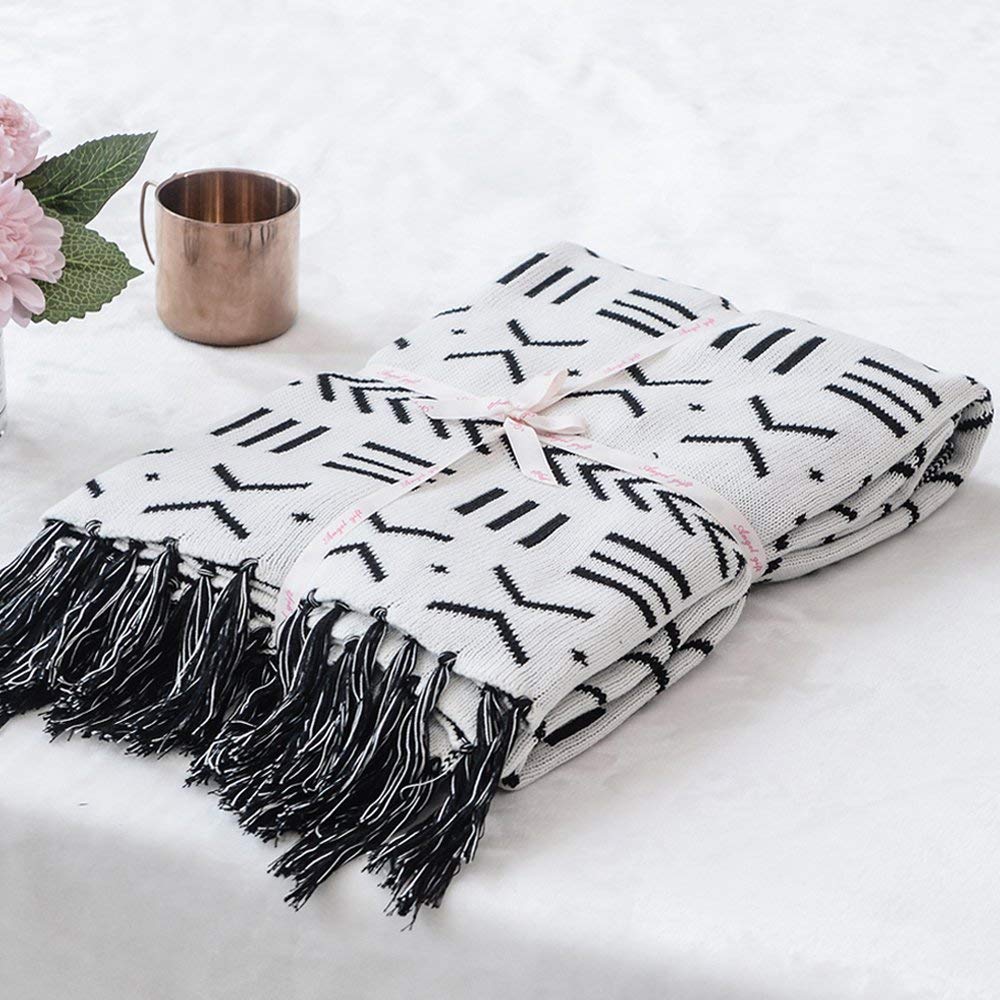 Cotton Knitted Blanket Black and White Two Sides Jacquard Couch Throw Blanket with Handmade Tassels from Amazon