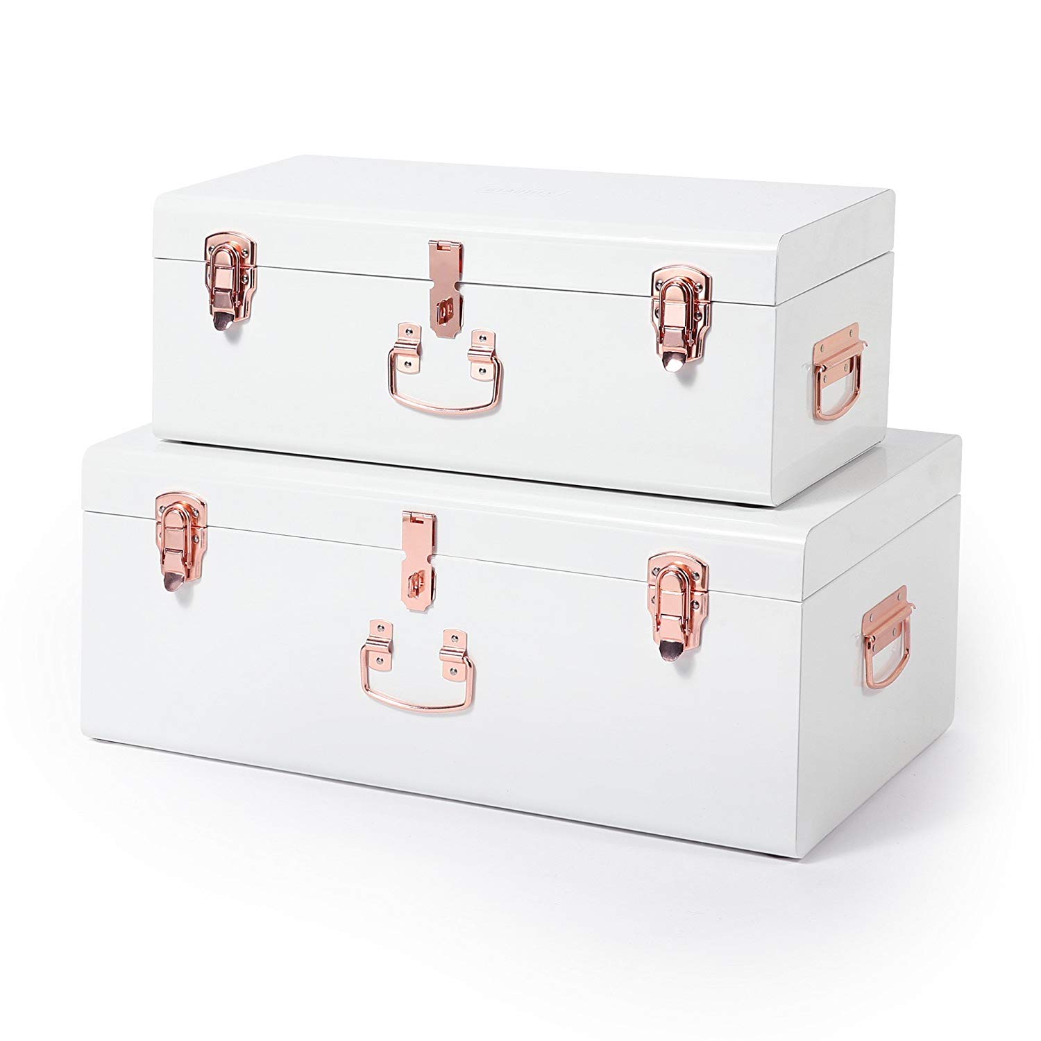 Cream Vintage Style Steel Metal Storage Trunk Set with Rose Gold Handles on Amazon