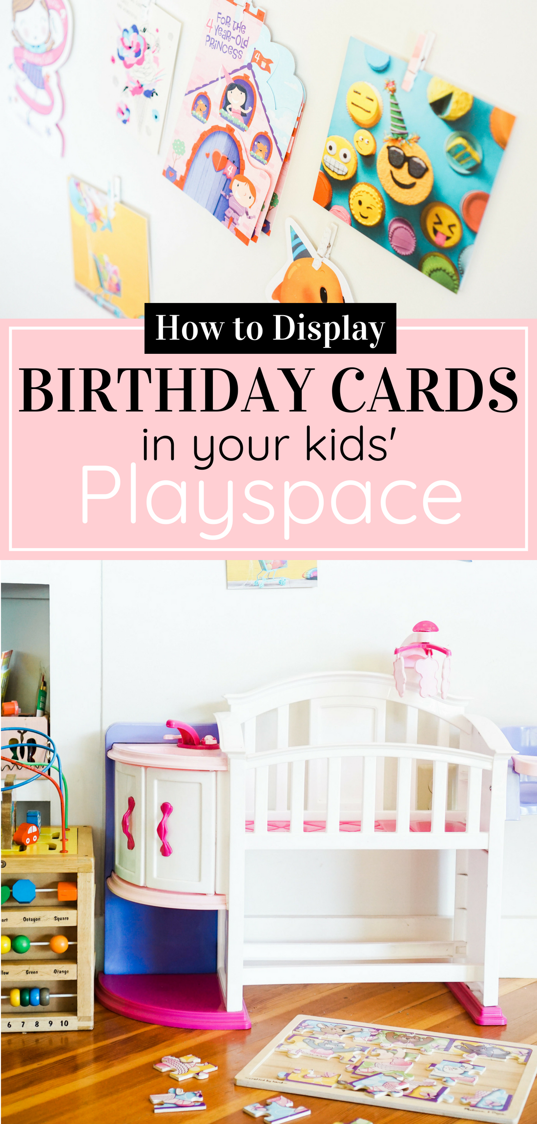 Celebrate your little ones' birthdays in memorable ways with this adorable birthday tradition: a sweet way to display cards in your kids' playspace. #birthday #greetingcards #playspace Click through for the details. | glitterinc.com | @glitterinc