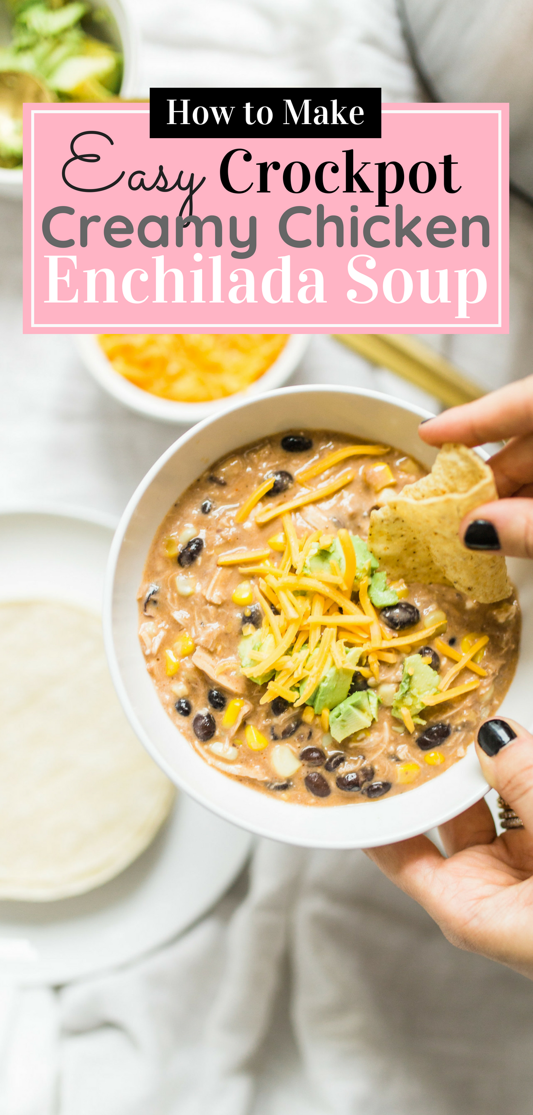 This easy and delicious creamy chicken enchilada soup is made in a crockpot or Instant Pot - a.k.a., dump it and forget it. Our whole family loves it. #crockpot #crockpotmeals #crockpotdinner #instantpot #instantpotdinner #instantpotchicken #crockpotchicken #chickenenchiladas #crockpotenchiladas #instantpotenchiladas #slowcooker #slowcookersoup #slowcookerenchiladas #slowcookermeals Click through for the recipe. | glitterinc.com | @glitterinc