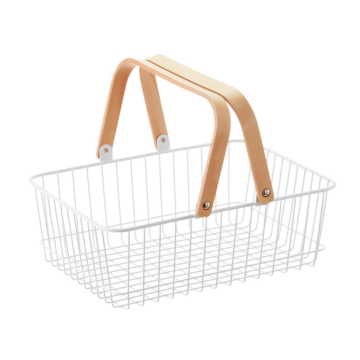 White Wire Basket with Wooden Handles