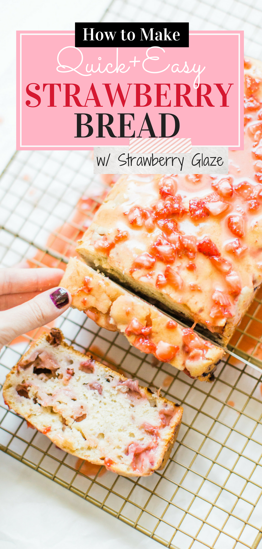 If you love strawberries, you are going to go crazy for this knock-your-socks-off easy and delicious strawberry bread with a decadent strawberry glaze. This quick bread recipe comes together in just 10 minutes, and will impress EVERYONE. #strawberrybread #quickbread #dessert #strawberrycake Click through for the recipe. | glitterinc.com | @glitterinc