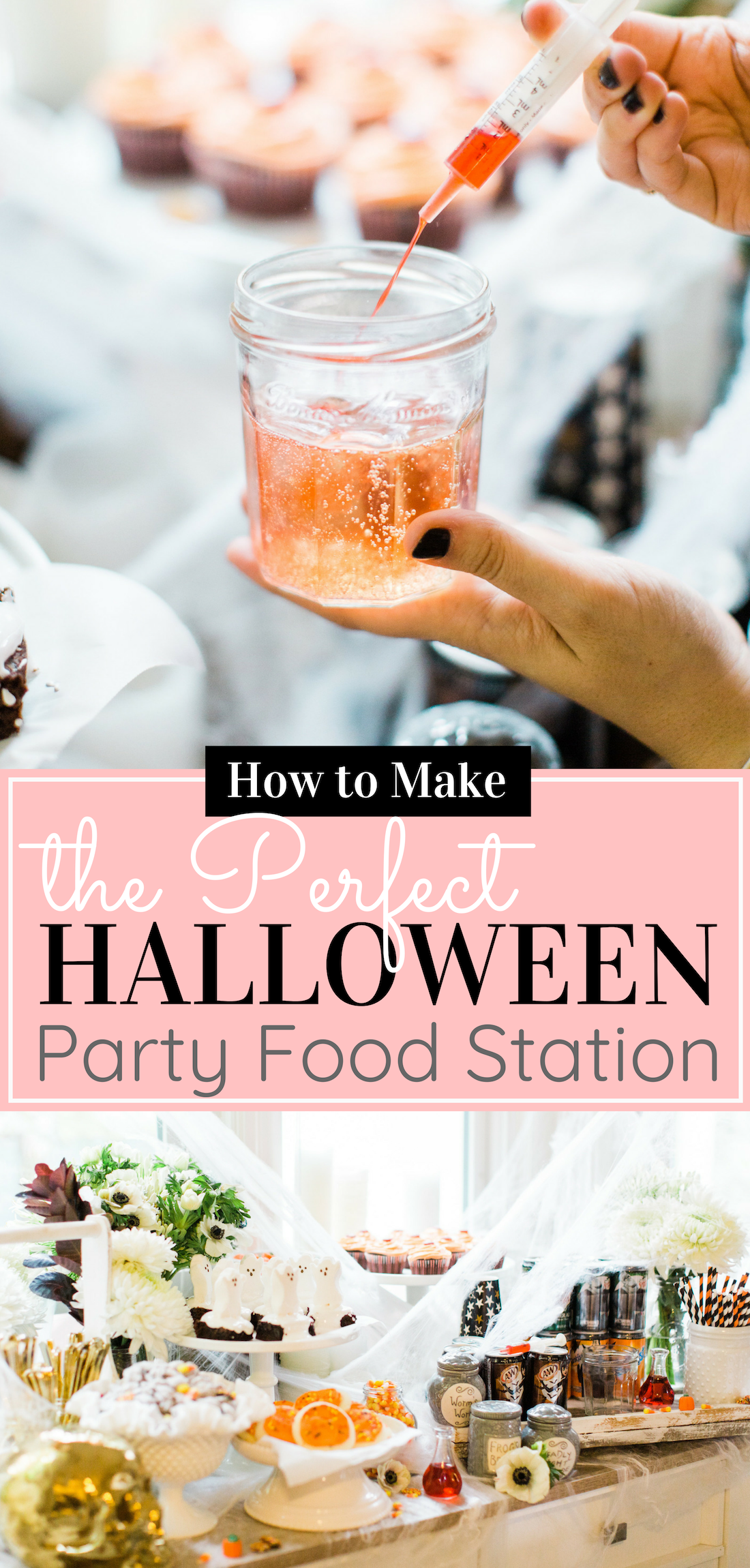 Create your own spooky Eat, Sip, and Be Scary Halloween Party Station for your next haunted bash! #Halloween #HalloweenParty #HalloweenDecor #halloweencandy #halloweendessert #dessertstation Click through for the scary fun details. | glitterinc.com | @glitterinc