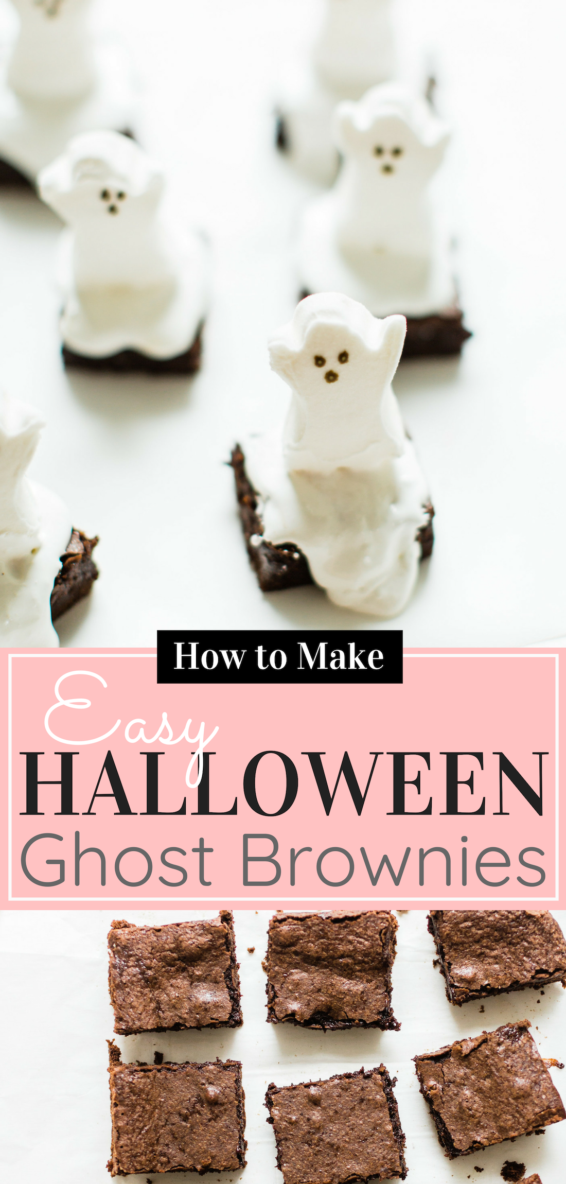 These spooky Halloween ghost brownies are delicious, adorable, and so easy to make. Kids and grownups alike will clamor for these haunted brownies! Click through for the details. #ghostbrownies #halloween #halloweendessert #halloweenbrownies #recipe #halloweenrecipe #diy #diyghostbrownies #halloweendesserts | glitterinc.com | @glitterinc