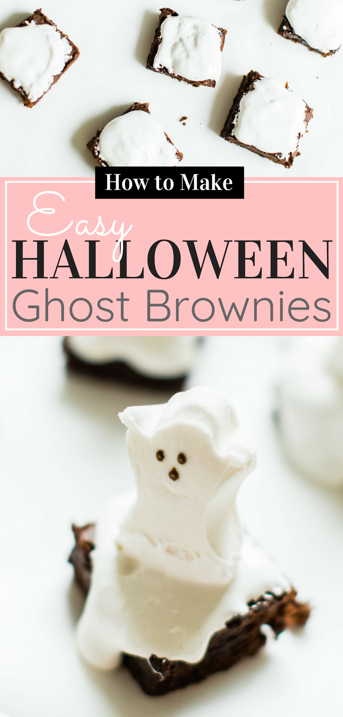 These spooky Halloween ghost brownies are delicious, adorable, and so easy to make. Kids and grownups alike will clamor for these haunted brownies! Click through for the details. #ghostbrownies #halloween #halloweendessert #halloweenbrownies #recipe #halloweenrecipe #diy #diyghostbrownies #halloweendesserts | glitterinc.com | @glitterinc