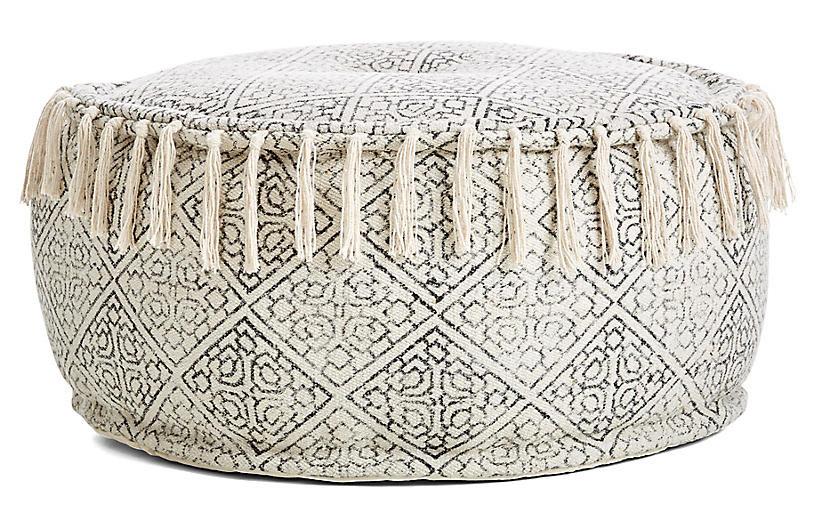 One Kings Lane Handler Round Pouf in Ivory/Black