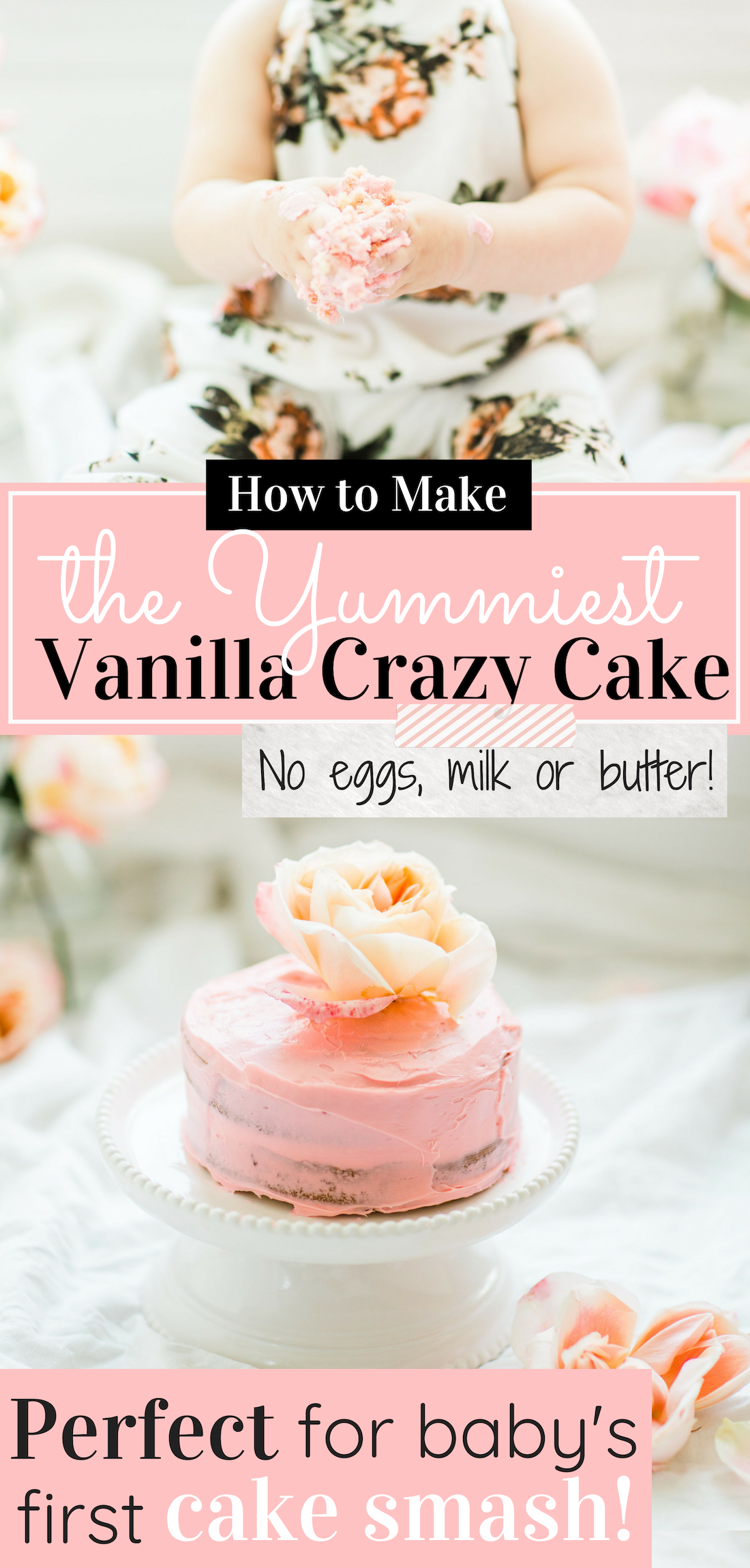 This crazy cake makes for the perfect first birthday cake for a smash cake photo shoot. Ever heard of crazy cake? It's crazy good, dairy-free, SUPER SIMPLE to make, wayyyyy better than a boxed cake mix (especially since it isn't full of weird ingredients). Click through for the details and #recipe. #firstbirthday #babybirthday #cakesmash #babycakesmash #cakesmashrecipe #firstbirthdaycake | glitterinc.com | @glitterinc