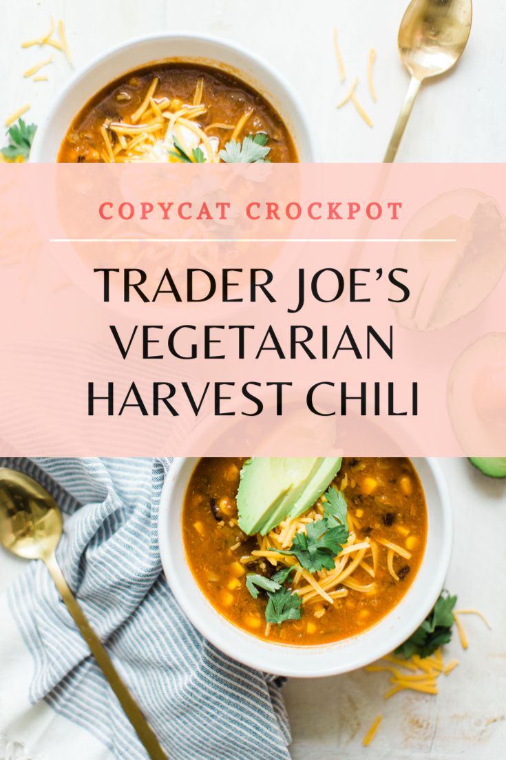 Obsessed with Trader Joe's Harvest Chili? Looking to whip up a delicious family dinner on a budget? Make your own easy copycat crockpot Trader Joes harvest chili. (Say that three times fast!) This soup is vegetarian, can be made in a slow cooker or instant pot, and is so yummy. Click through for the recipe. | glitterinc.com | @glitterinc