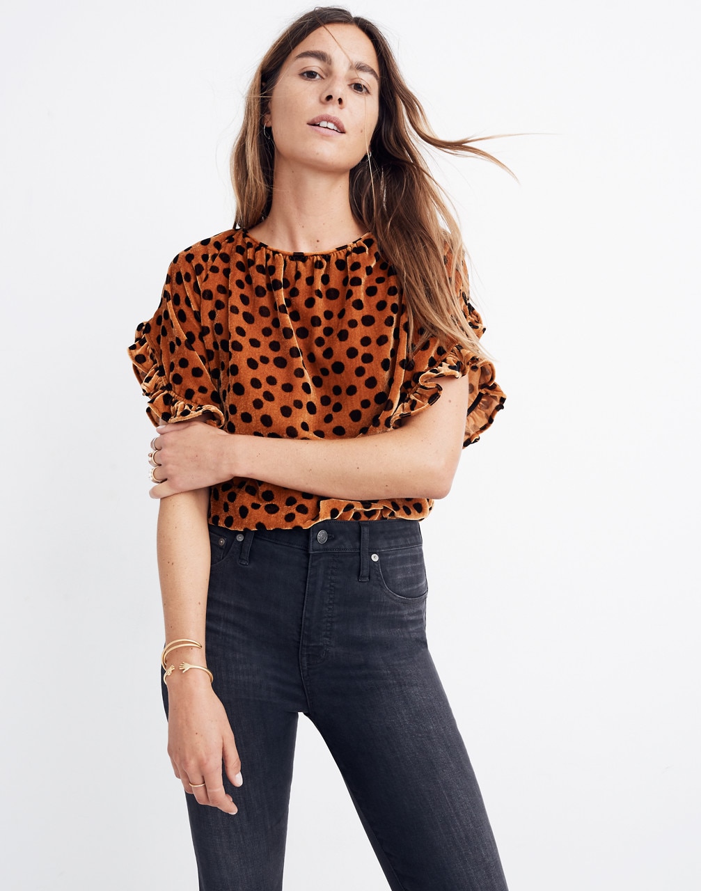 Madewell Velvet Memento Ruffle-Sleeve Top in Leopard Dot