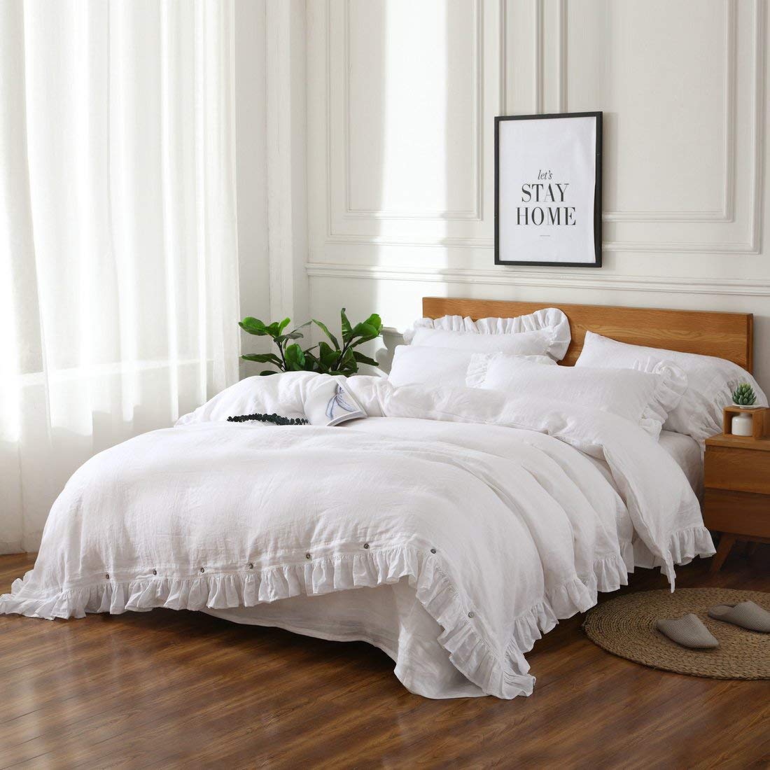 esasilk Vintage Ruffles Linen Duvet Cover Sets 100% Pure Linen King Queen Twin 3piece per Set 