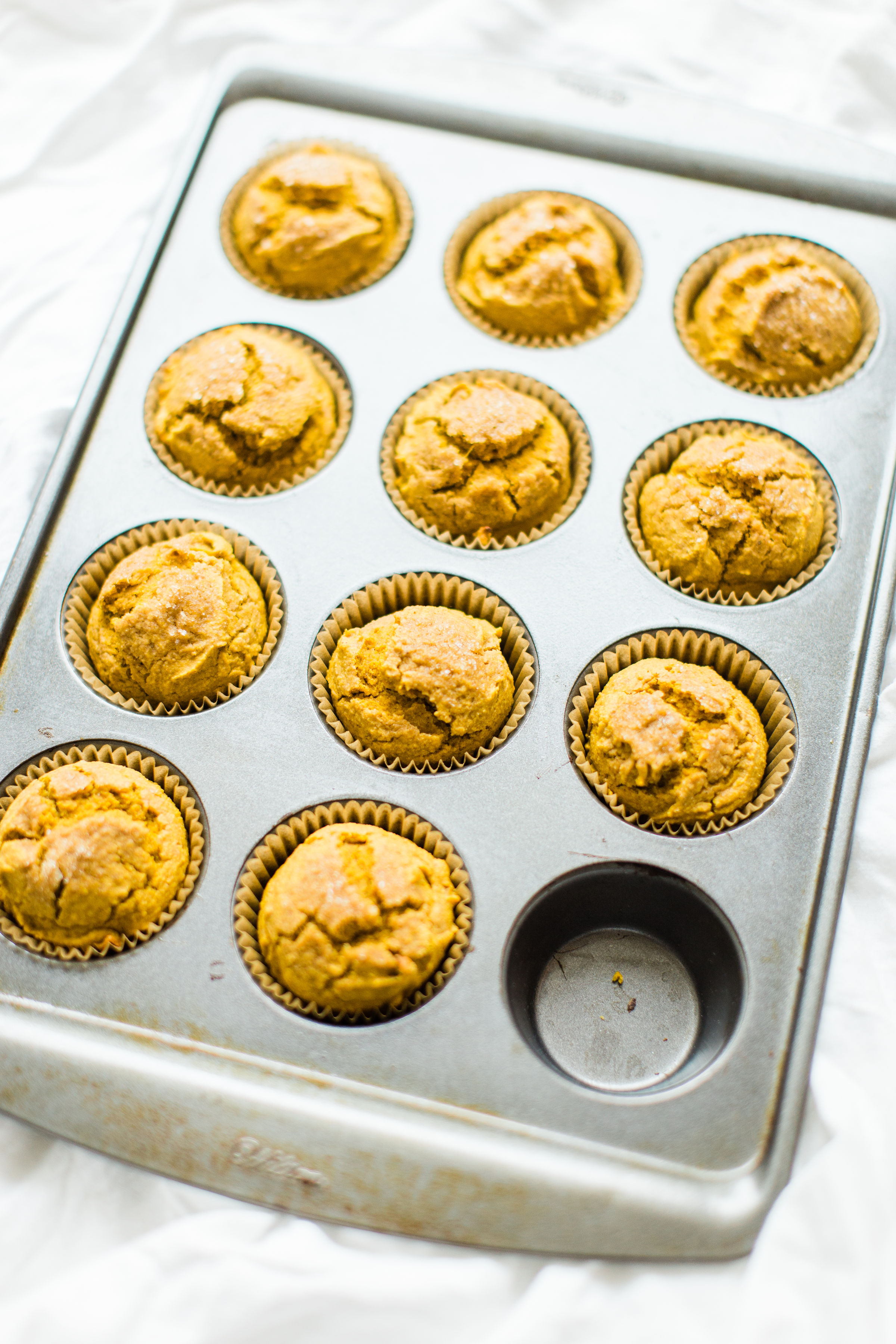 Say hello to your new favorite healthy pumpkin muffins! Full of that fall pumpkin goodness, these naturally gluten-free, dairy-free, sweetened with maple syrup, muffins, are where it's at! Click through for the recipe. #pumpkinmuffins #healthypumpkinmuffins #fall #falldessert #fallmuffin #thanksgiving #glutenfree #dairyfree #lowsugar | glitterinc.com 