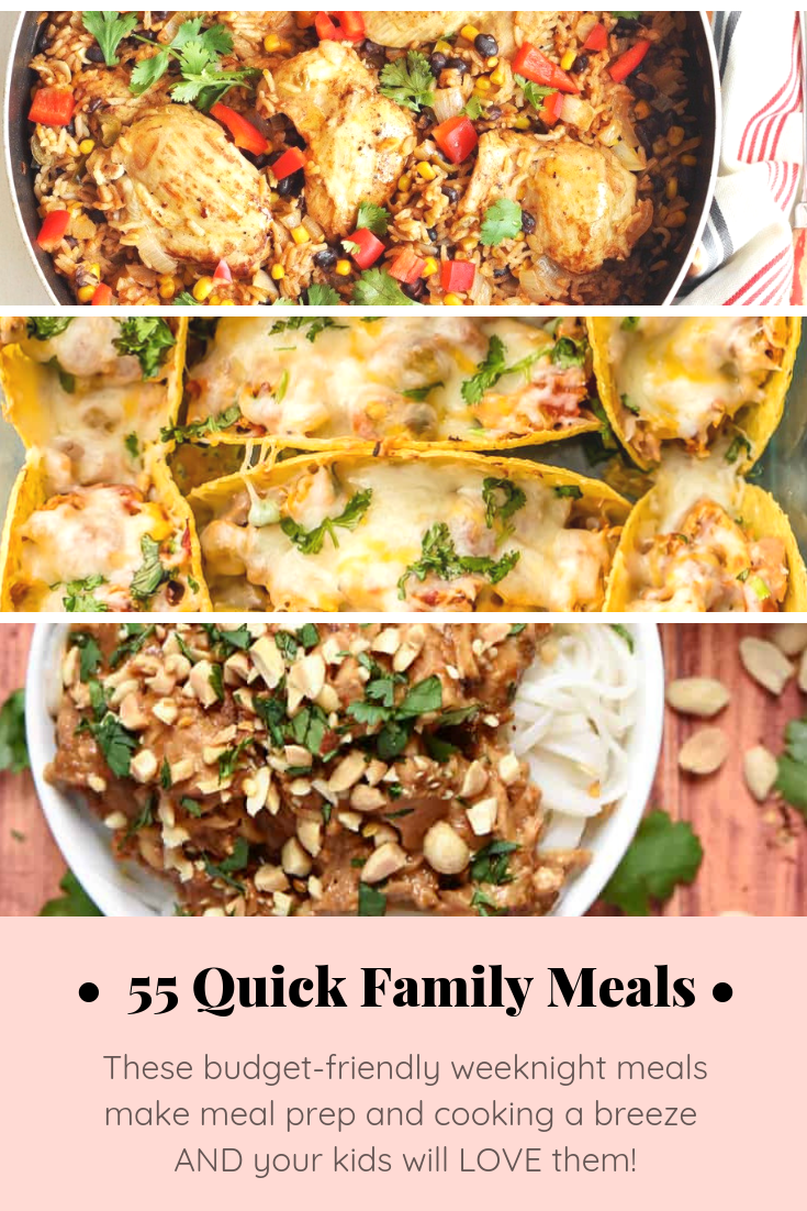 Never fret over family dinner again with these 55 quick budget-friendly lazy weeknight meals that will make meal prep and cooking a breeze. Bonus: your whole family will love them - kids included! Click through for the recipes. #dinner #familymeals #mealprep #budgetmeals #budgetdinners #frugaldinners #easydinner #easymeals | glitterinc.com | @glitterinc