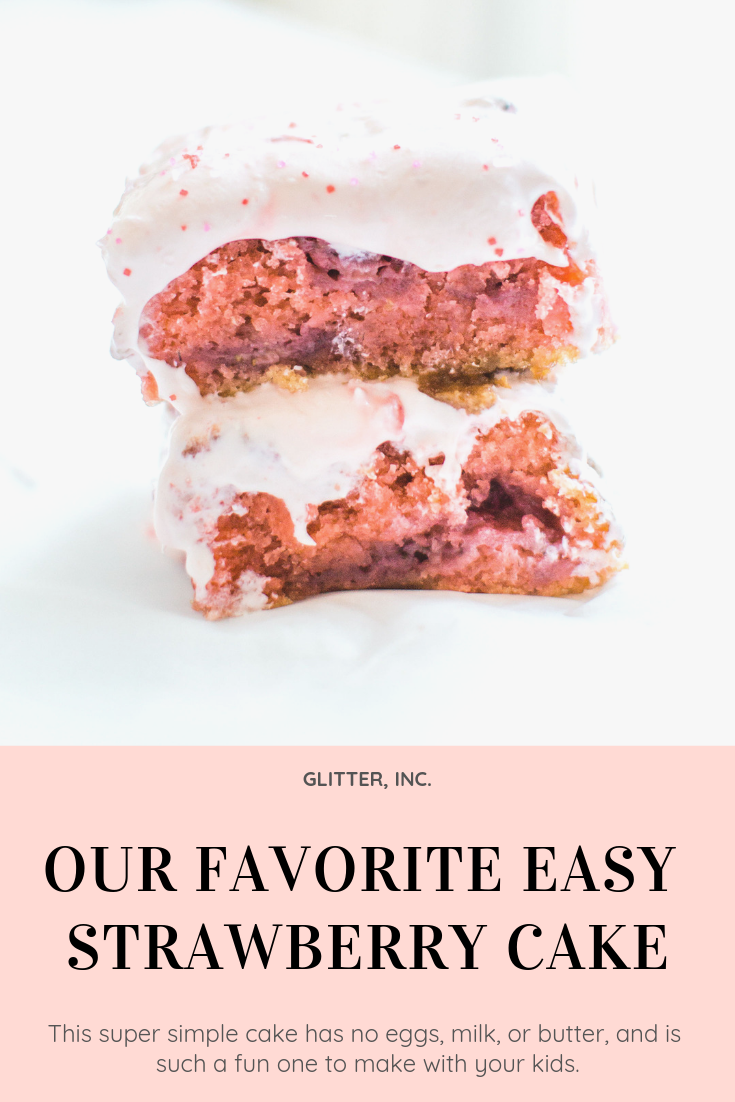 This simple homemade strawberry cake was an instant hit in our house. Easy enough to make with your kids, and bursting with fresh strawberries and topped with a decadent strawberry frosting, you'll be amazed at how moist and delicious this cake is. Click through for the recipe.| glitterinc.com | @glitterinc