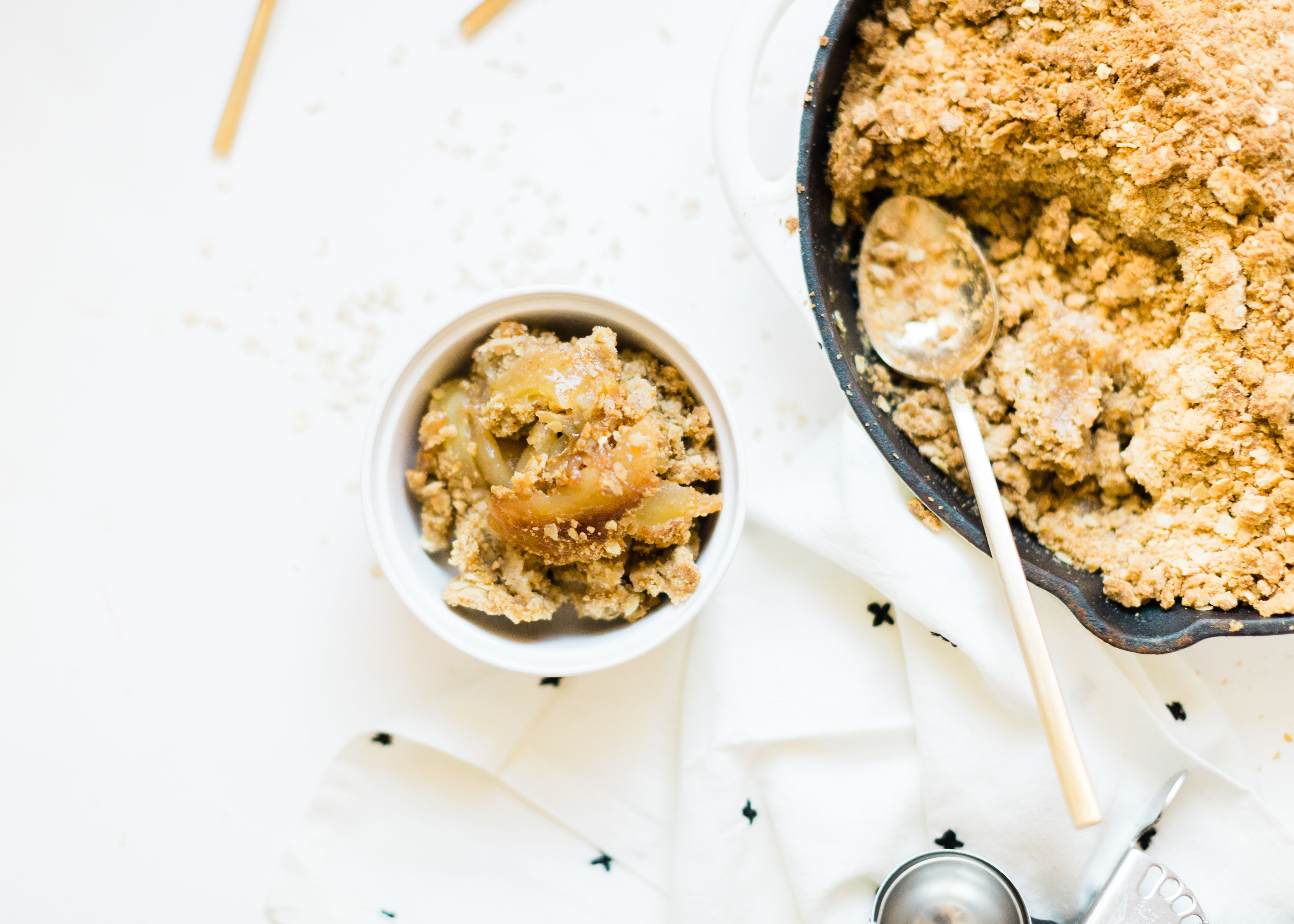 This amazing skillet apple crumble is filled with juicy apples baked into sticky, caramel-y, gooey perfection, and topped with a buttery crisp meets crumble topping that is decadently crumbly, a little bit doughy, with plenty of crunch. 