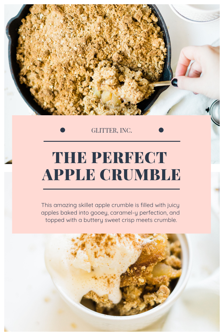 This amazing skillet apple crumble is filled with juicy apples baked into sticky, caramel-y, gooey perfection, and topped with a buttery crisp meets crumble topping that is decadently crumbly, a little bit doughy, with plenty of crunch. 