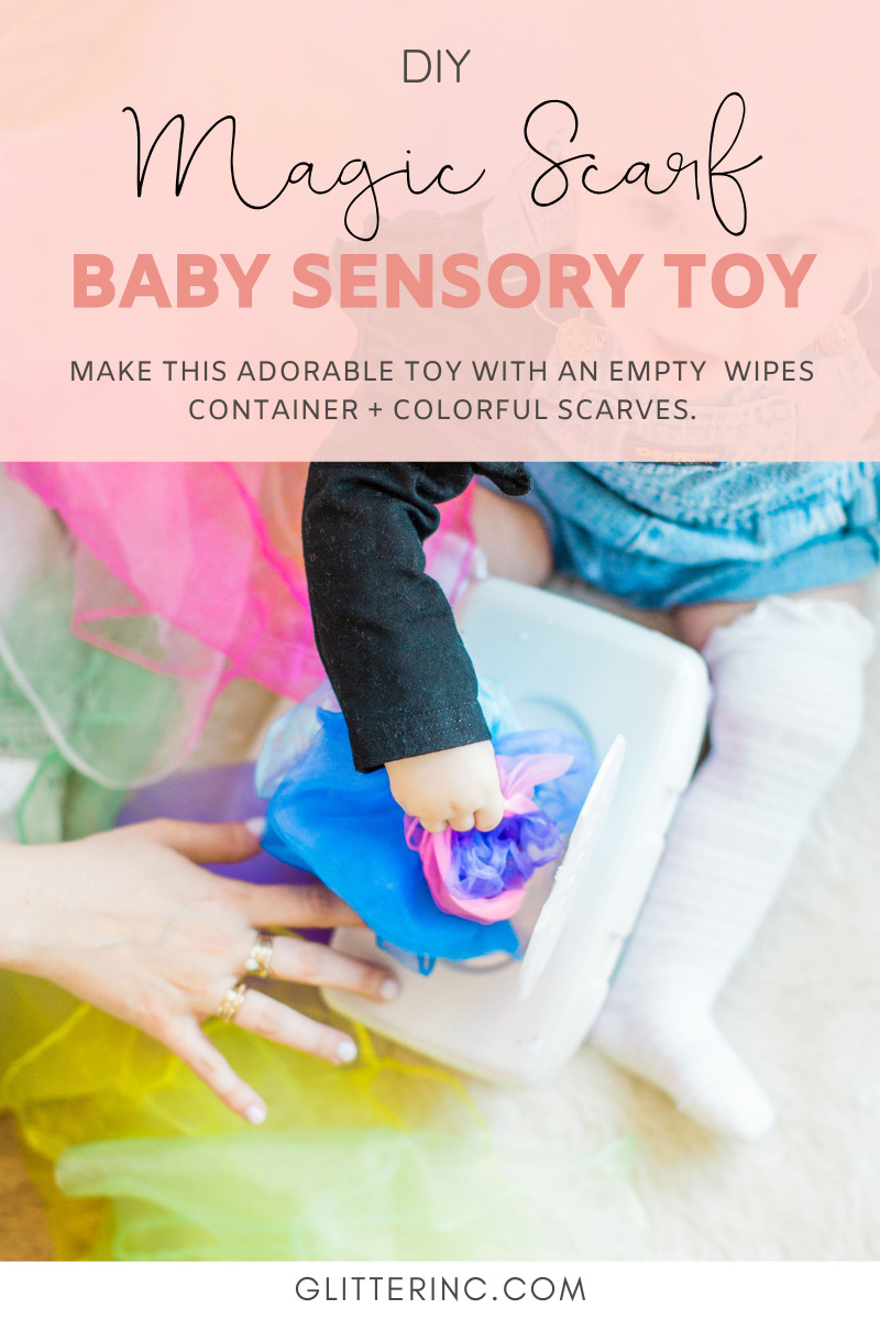 Looking for a fun activity to do with your baby? Make an easy, magic sensory toy using an empty wipes container and inexpensive colorful scarves, and watch your baby go crazy for their new game. This is perfect play time entertainment for a one year old! | @glitterinclexi | GLITTERINC.COM