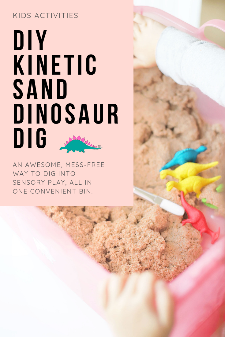 Create your own DIY kinetic sand dinosaur dig. This kids activity is an awesome, mostly mess-free way to dig into sensory play, all in one convenient bin. | Click through for the details. | glitterinc.com | @glitterinc