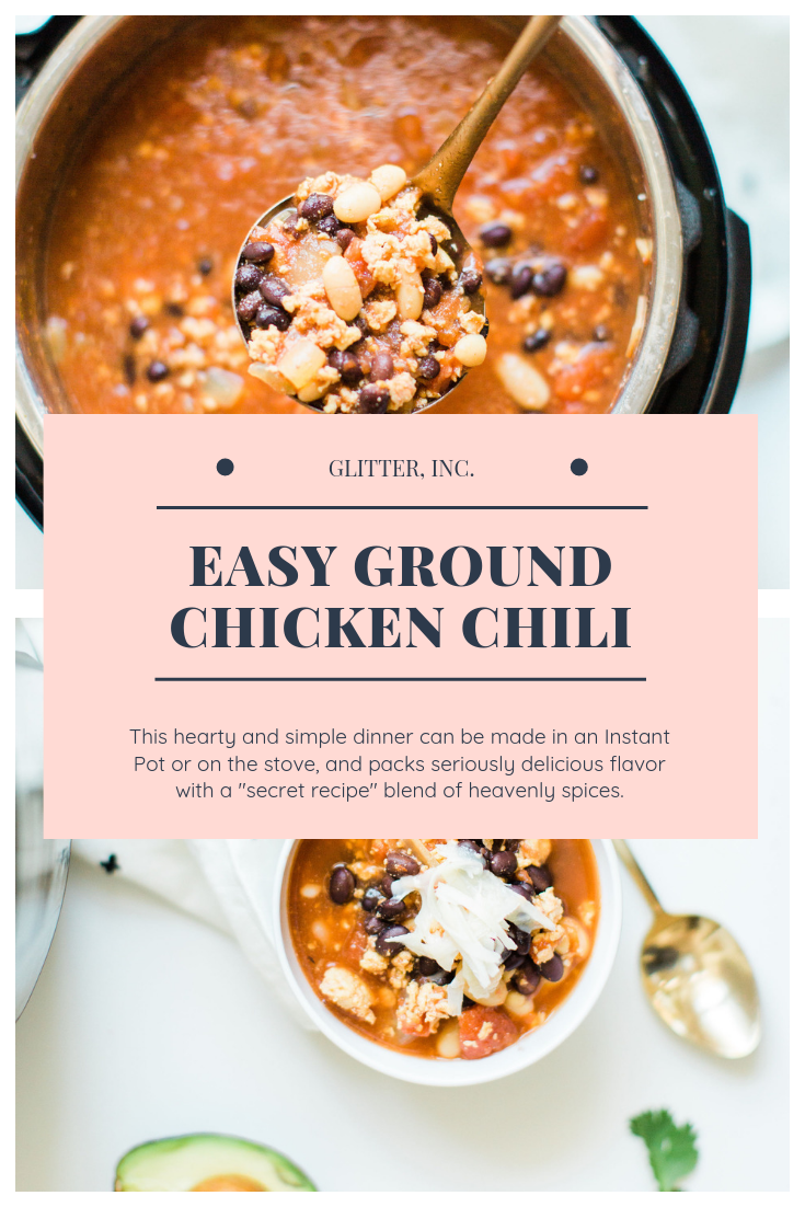 This easy and delicious ground chicken chili all comes together in an Instant Pot or crockpot. Serve this made ahead chili with yummy toppings and cornbread and enjoy an incredible, hearty, healthy, and simple meal. Click through for the recipe. | glitterinc.com | @glitterinc