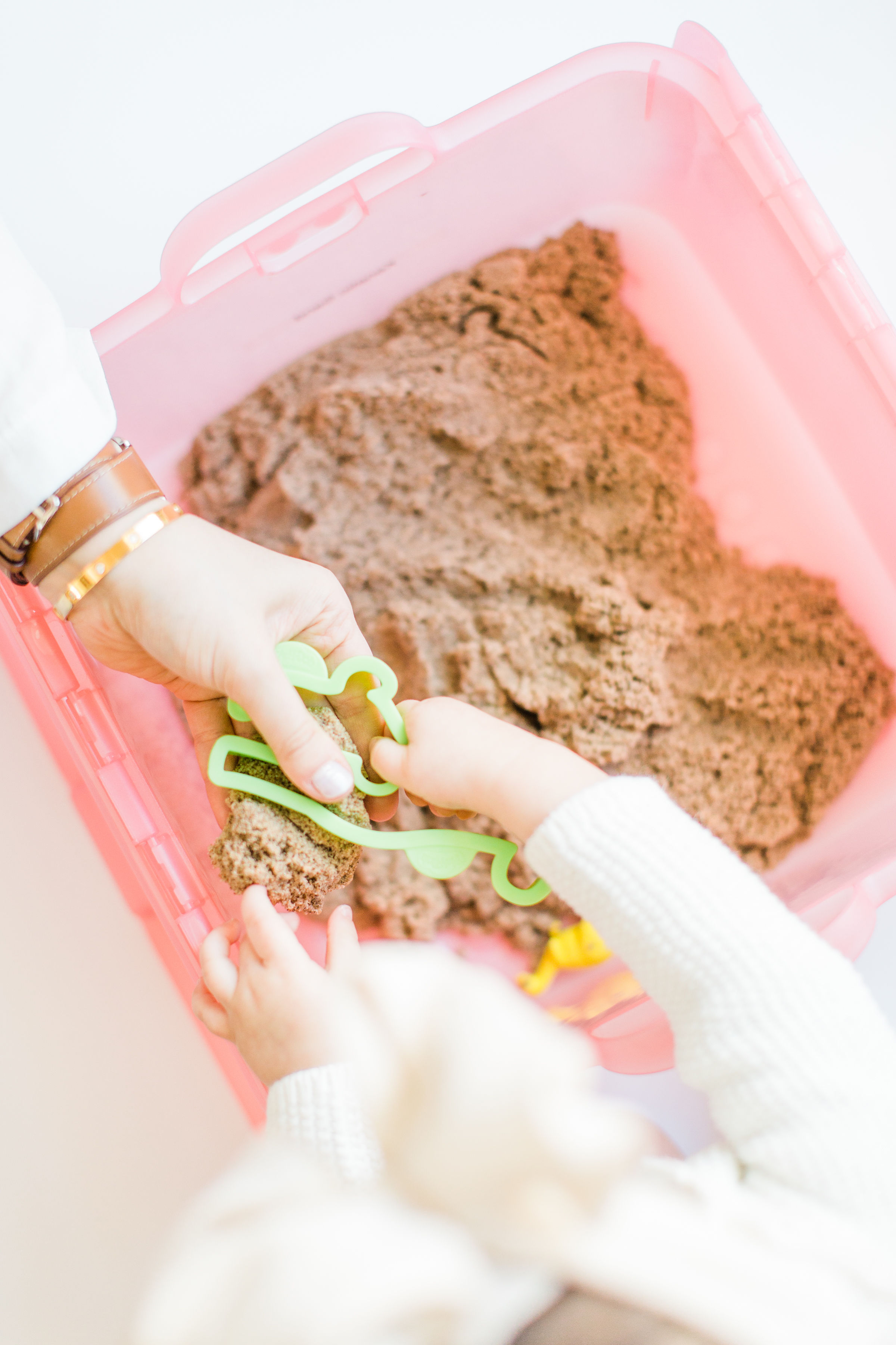 Plastic cookie cutters and small plastic shovels or scoops.