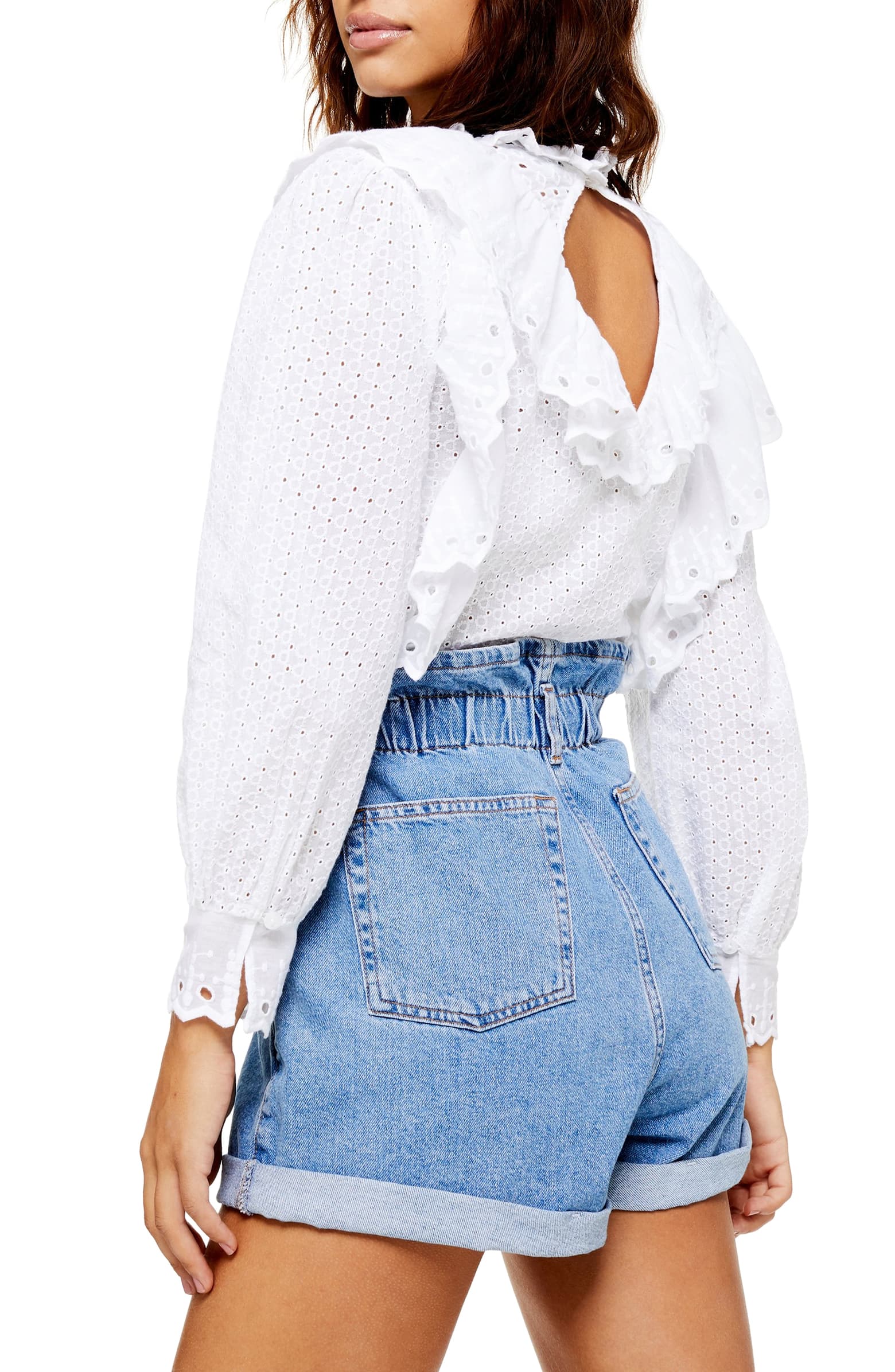 Topshop Ruffle Long Sleeve Broderie Anglaise Top