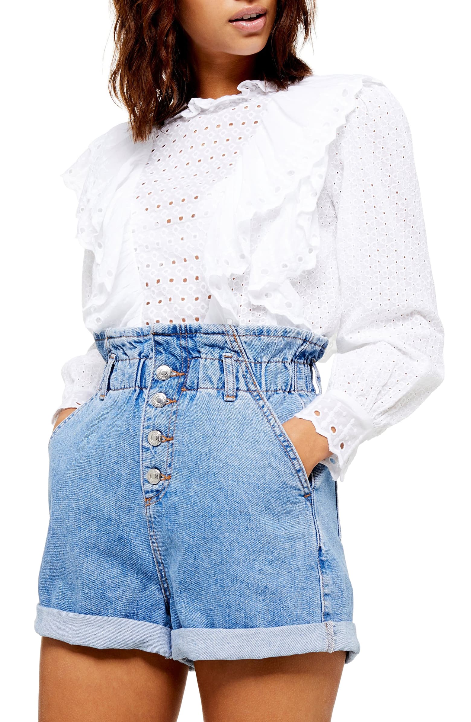 Topshop Ruffle Long Sleeve Broderie Anglaise Top