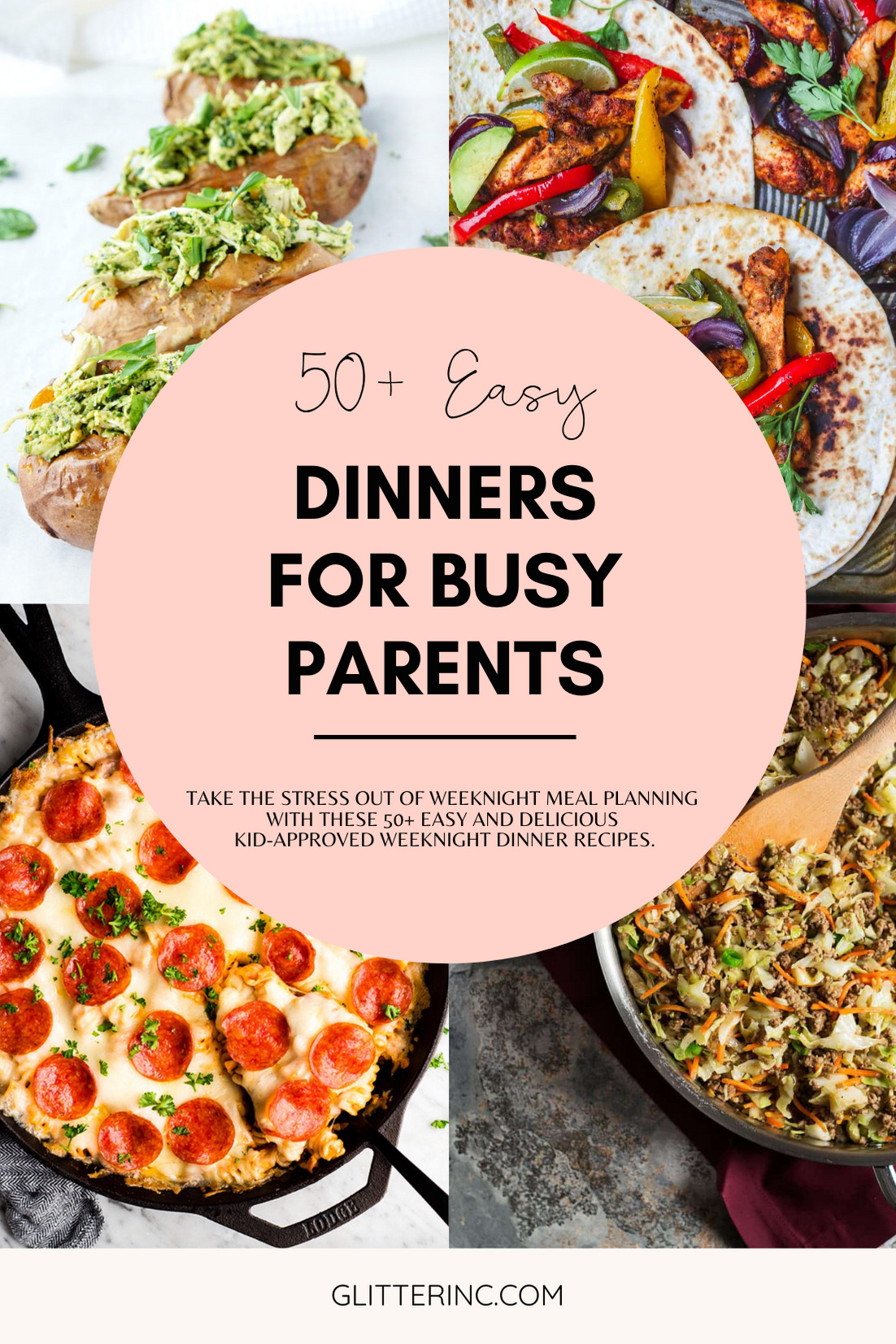 Take the stress out of weeknight meal planning with these 50+ easy and delicious weeknight dinner recipes for busy parents. We're talking sheet pan meals, dinners that can be made in a crock pot or Instant Pot, one pan dinners, skillet meals, and more; and all are family and kid-approved. | @glitterinclexi | GLITTERINC.COM