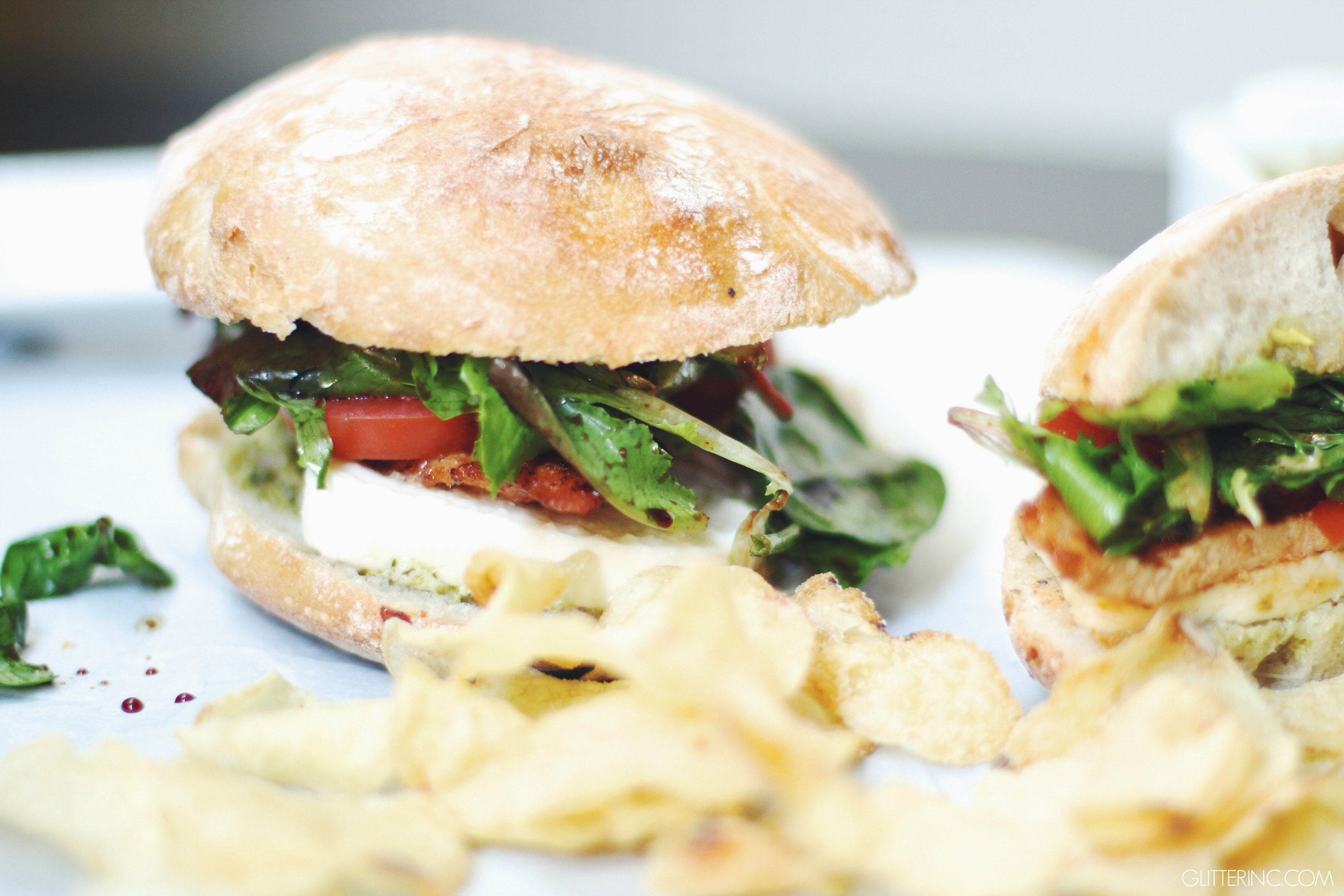 Caprese Chicken Sandwiches on Crusty Ciabatta with Pesto Mayo