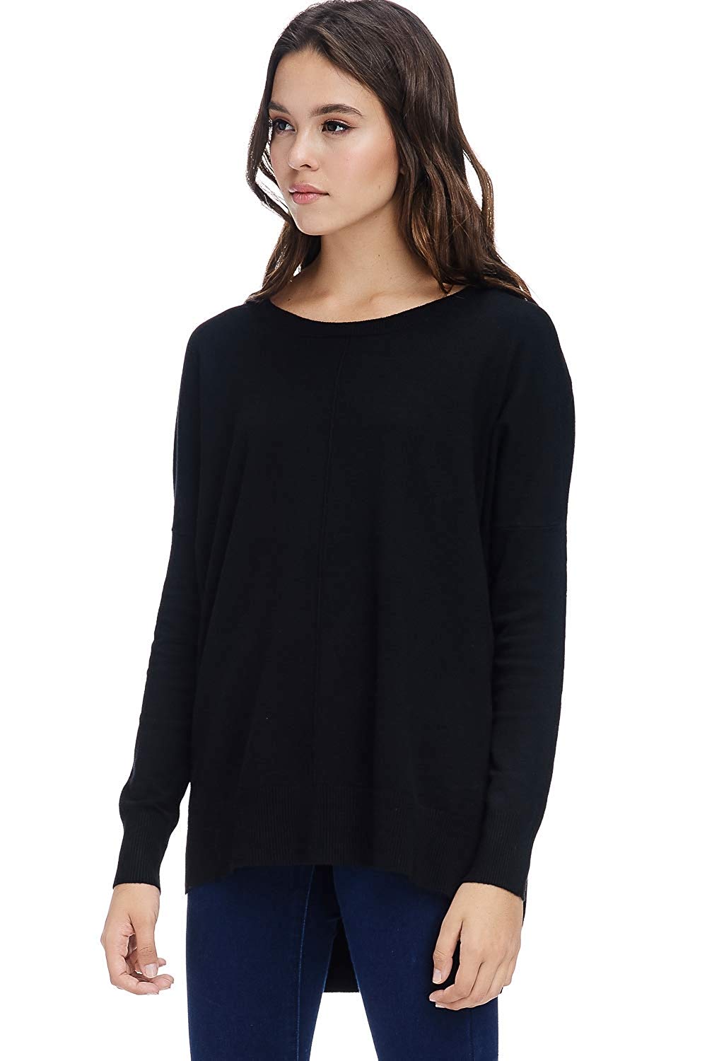 Alexander + David Casual Oversized Crewneck Pullover Boyfriend Sweater Lightweight with Hi-Low Hem