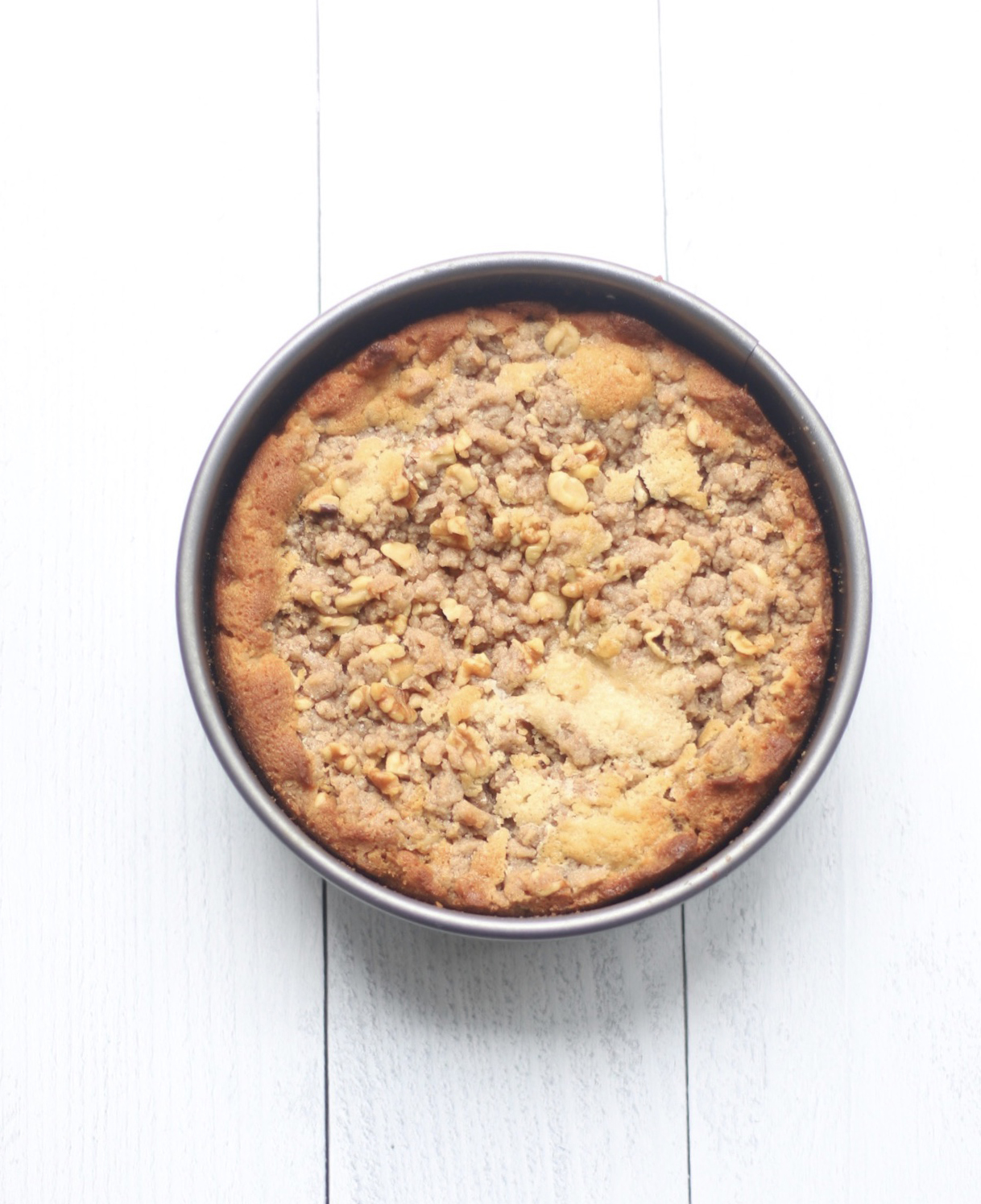 apple crumb cake in baking pan