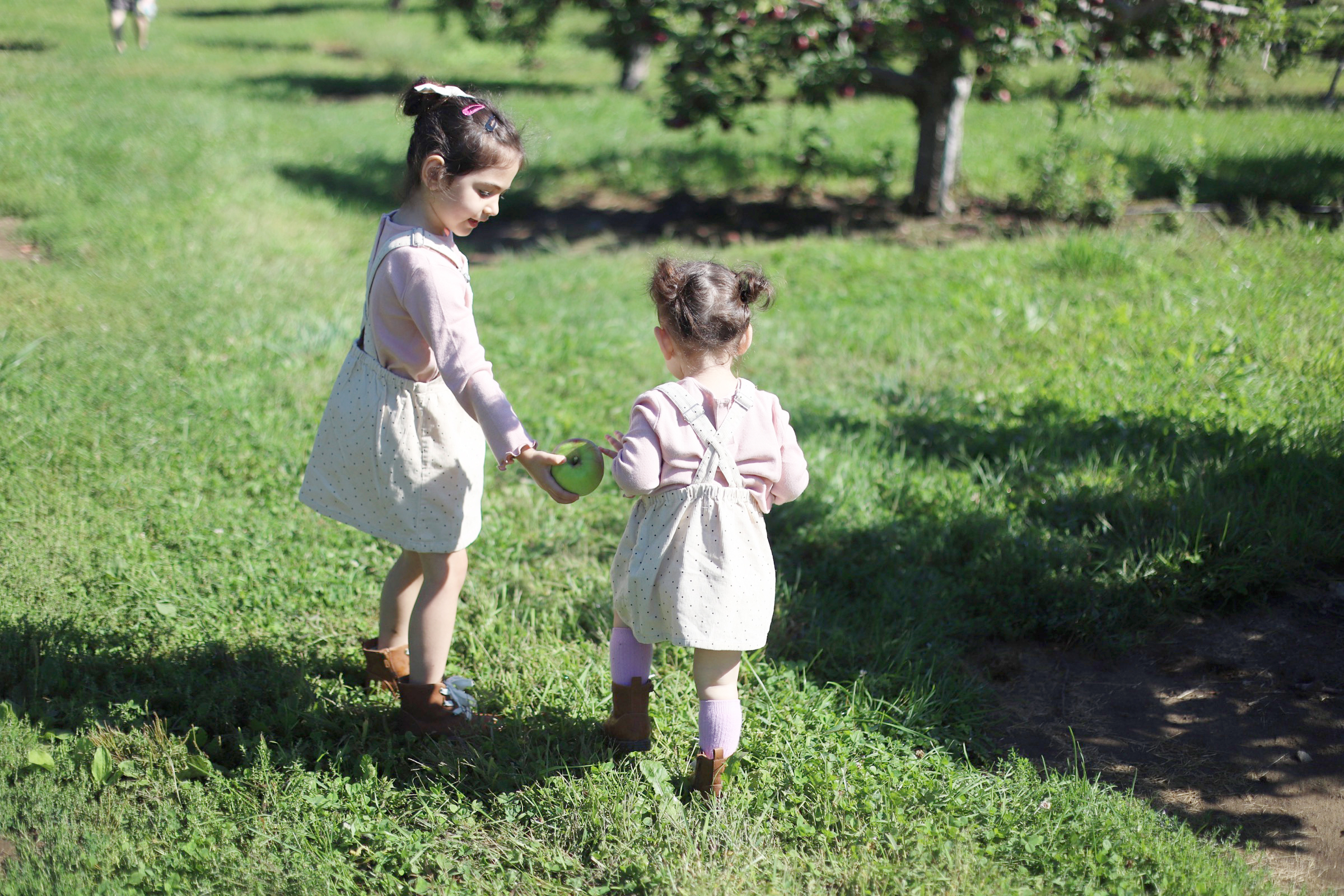 Two children holding an apple at Brooksby Farm