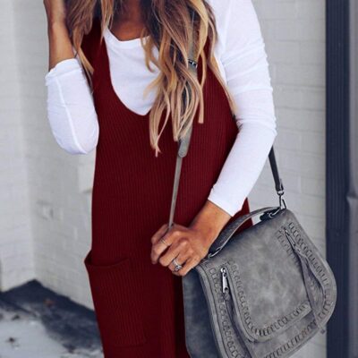 Racerback Tank Sweater Dresses Fall Ribbed Knit Loose V Neck Dress with Pockets