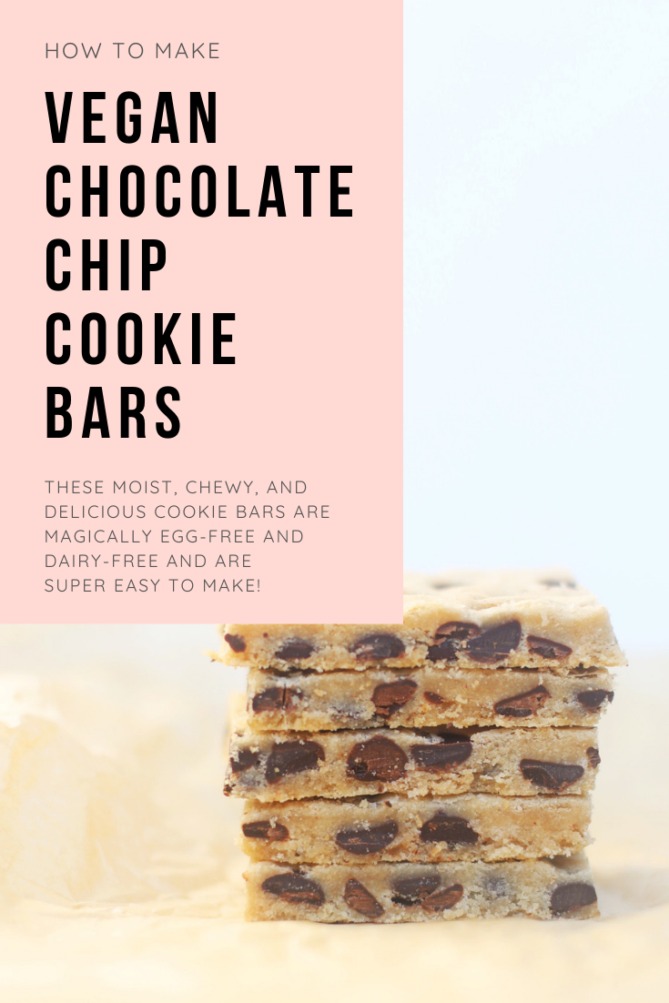 Just as decadently yummy as a classic cookie, cookie bars are simple to make and come together in a fraction of the time. And these vegan chocolate chip cookie bars in particular are moist, chewy, and a total crowd-pleaser! #recipe #cookiebars #vegancookies #vegan #dairyfree | glitterinc.com | @glitterinc